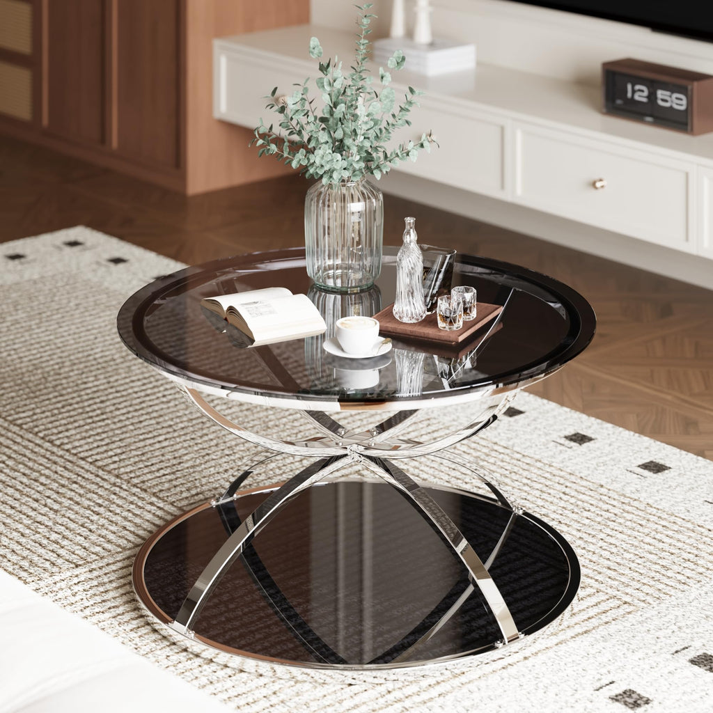 32" Tempered Glass Round Coffee Table Modern Gold Frame Ring Base Single-Layer Circle Living Room Center Tables