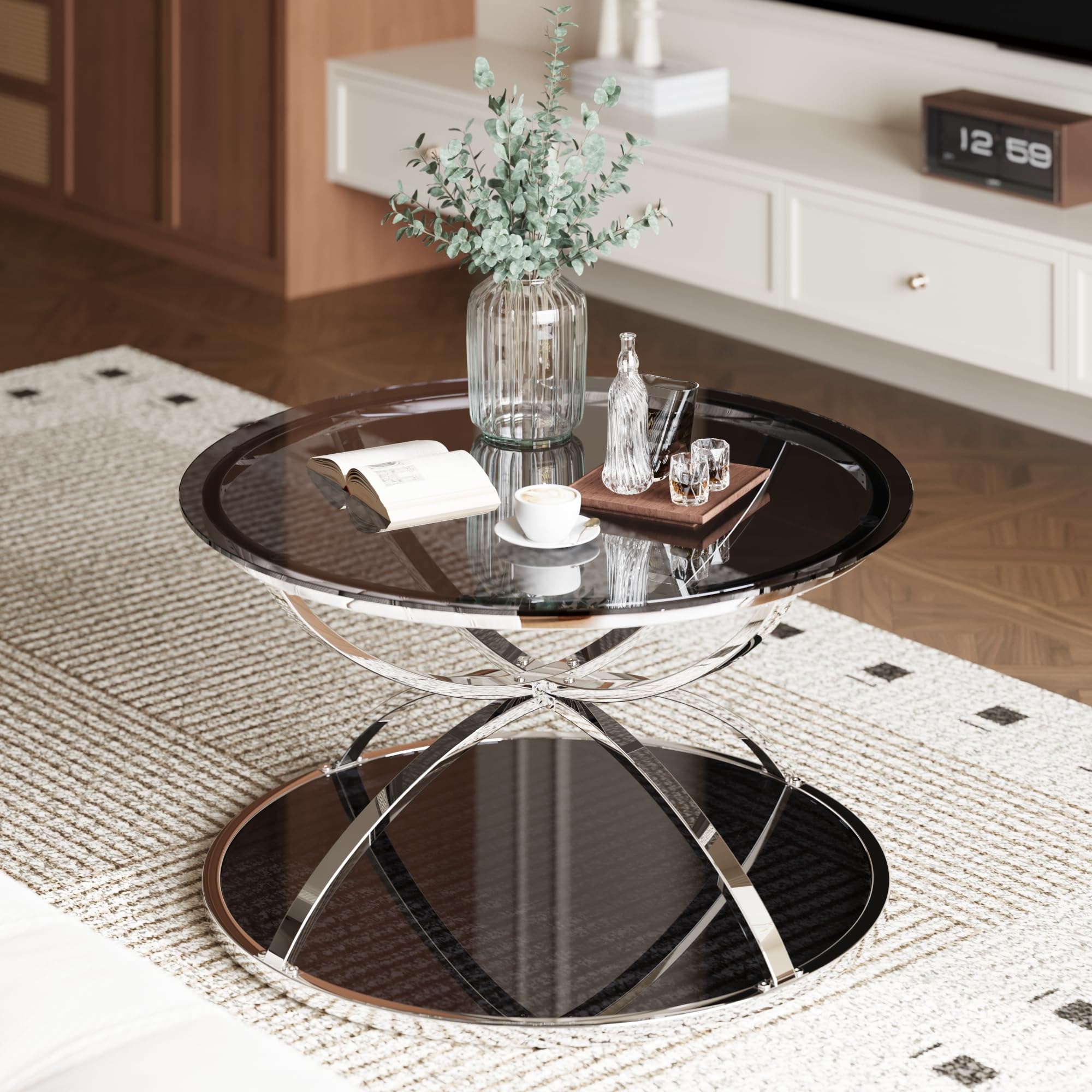 32" Tempered Glass Round Coffee Table Modern Gold Frame Ring Base Single-Layer Circle Living Room Center Tables