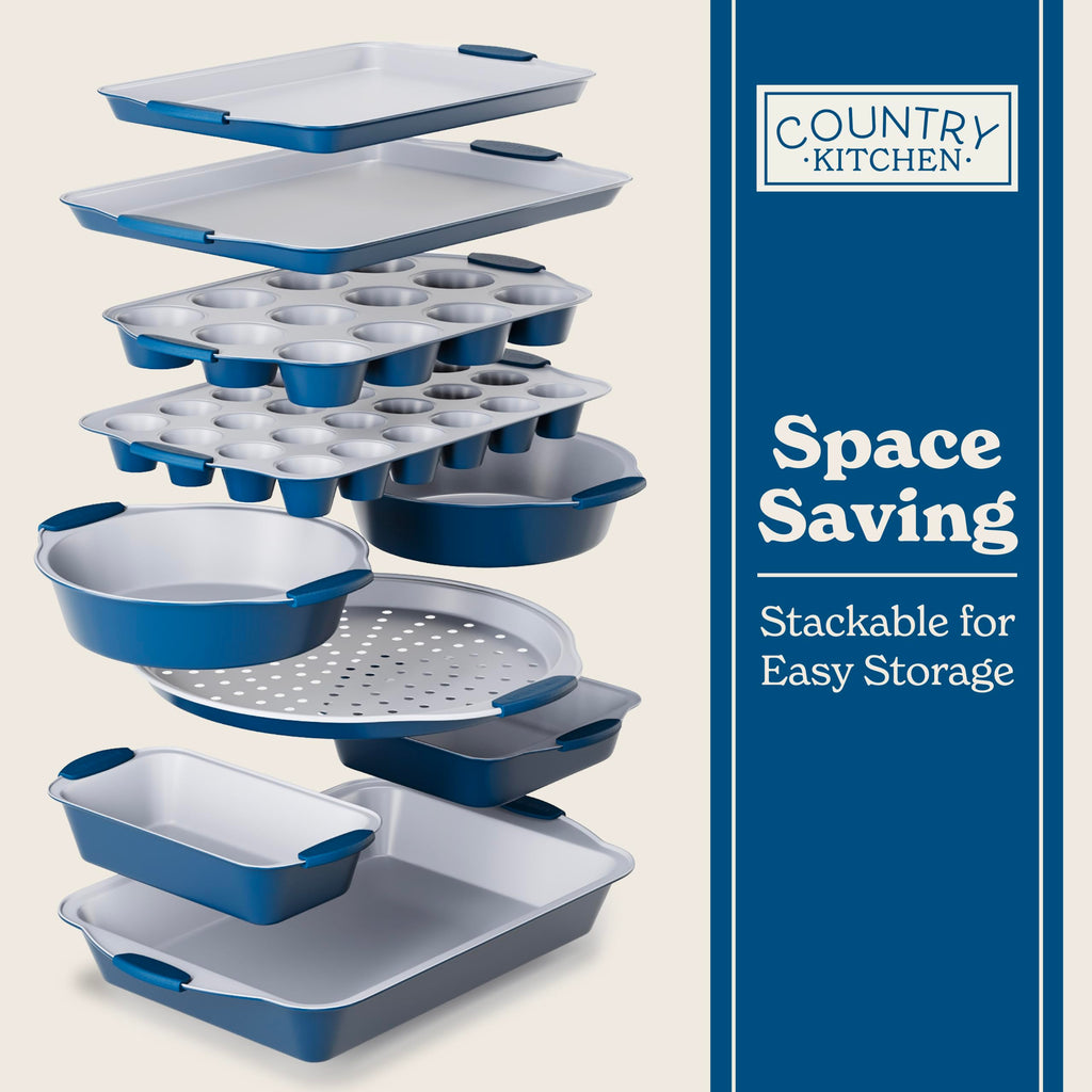 Country Kitchen Nonstick Stackable Bakeware Set - Durable, Easy Release Baking Set- 22 Pc. Includes Silicone Muffin Cups