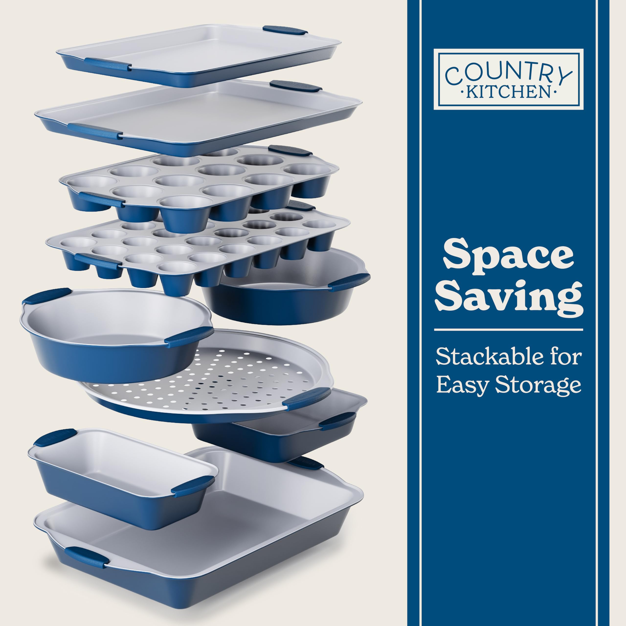 Country Kitchen Nonstick Stackable Bakeware Set - Durable, Easy Release Baking Set- 22 Pc. Includes Silicone Muffin Cups
