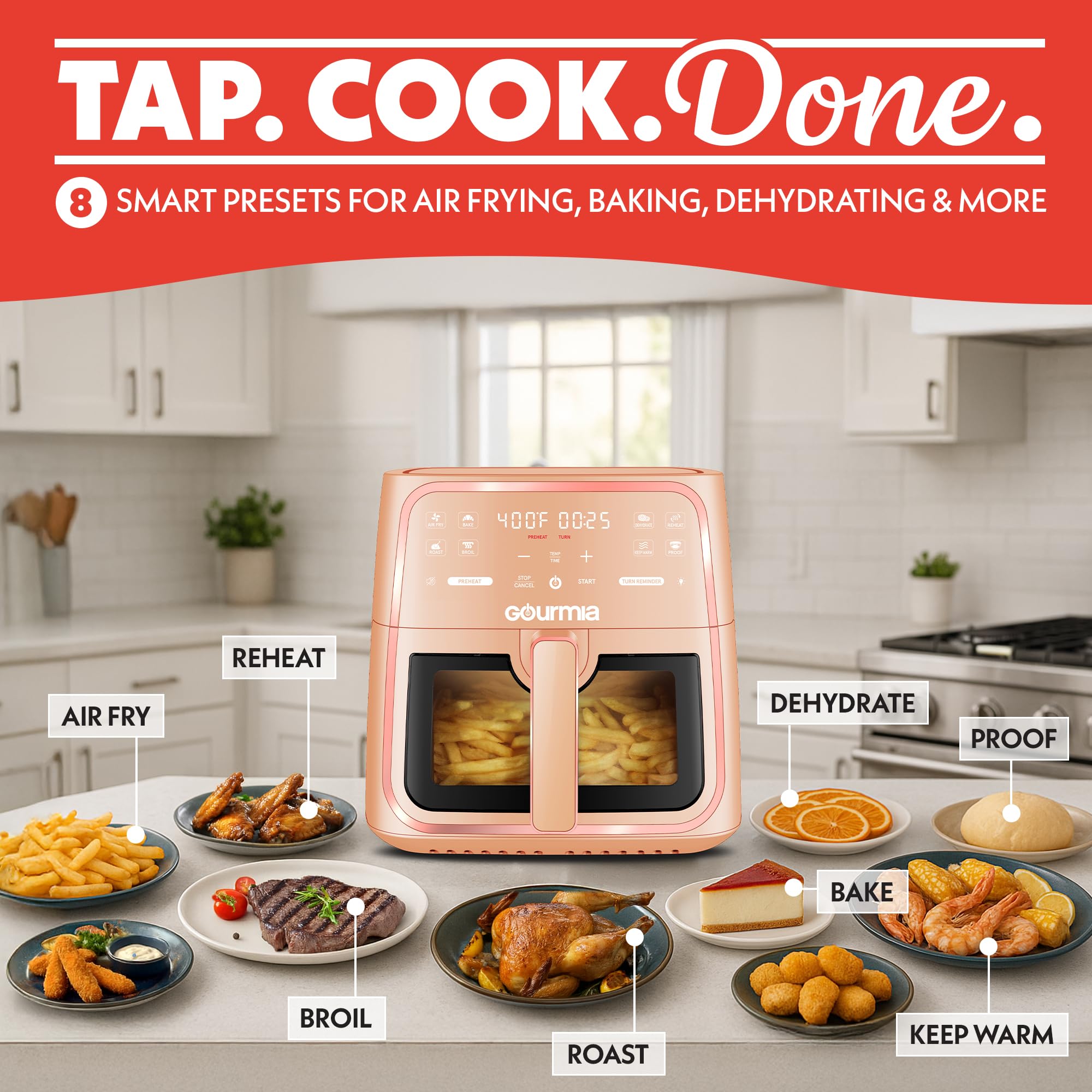 Gourmia 8 Qt Air Fryer, 8 Presets with Digital Display, FryForce 360° Technology, Easy View Window & Interior Light, Dishwasher Safe Basket, Green