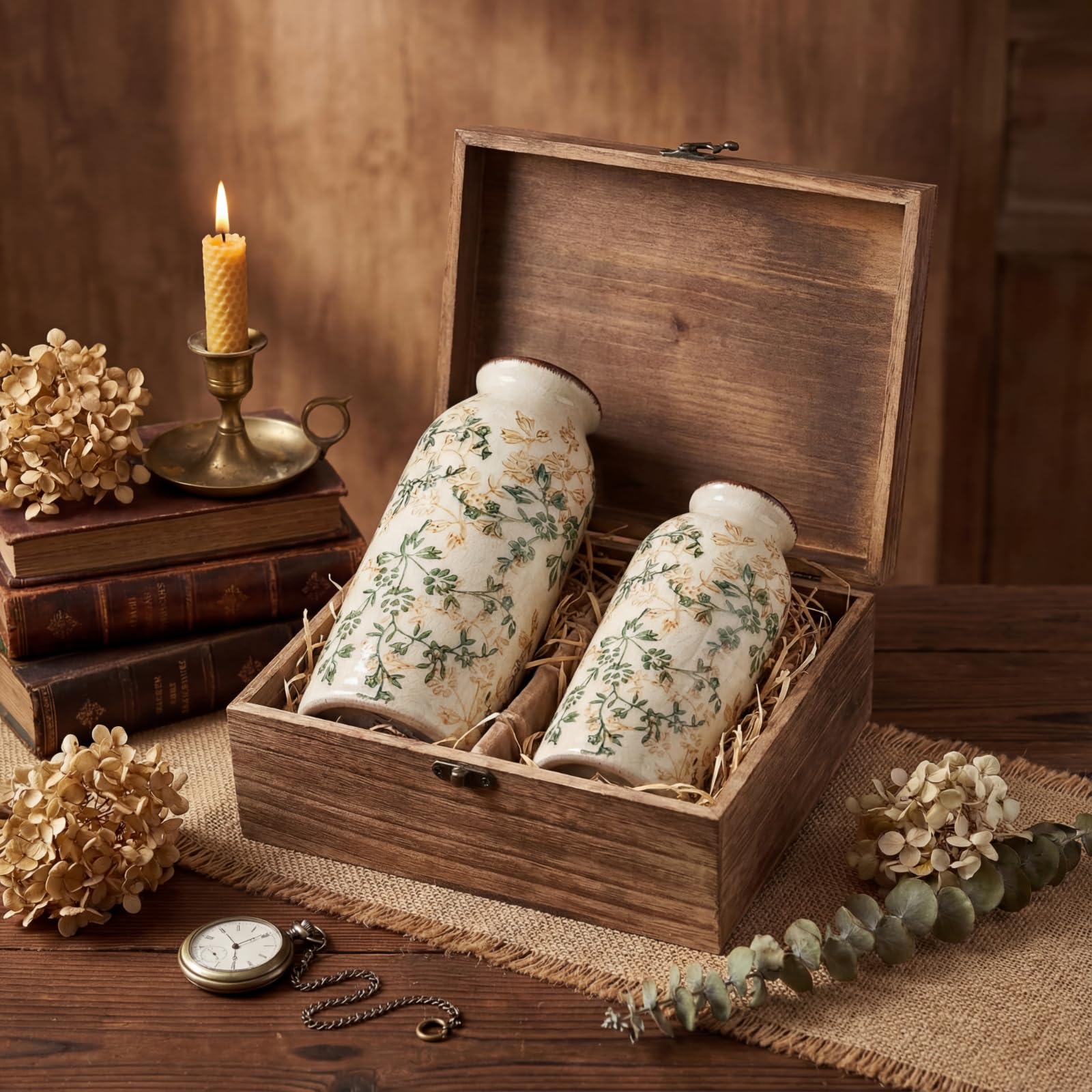 2 Pcs Vintage Ceramic Flower Vase Chinoiserie Antique Floral Vase Rustic Boho Farmhouse Decor for Home Table Bookshelf Aesthetic Centerpiece Gift(Vintage Green)