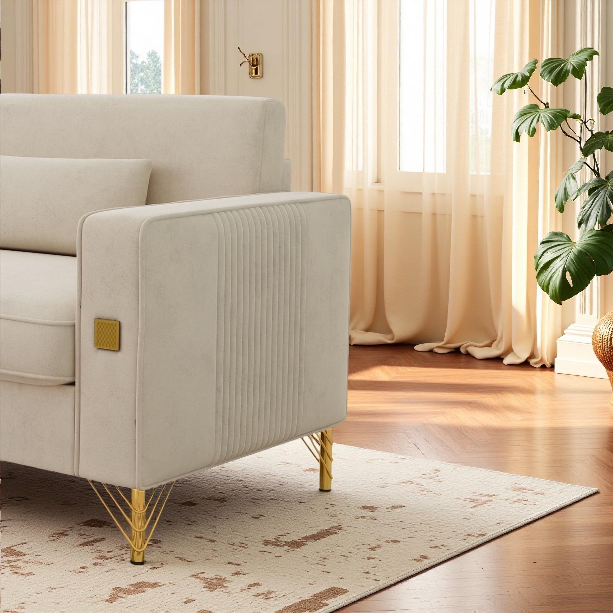 KEIKI 86" Oversized Luxury Velvet Sofa with Armrest and Removable Plush Cushions, Modern Style Gold Accents 3-Seater Couch with Solid Legs, Easy Assembly, for Living Room, Apartment, Green