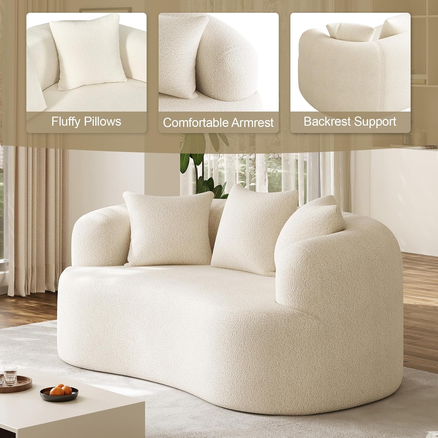 131" Oversized Sectional Sofa for Living Room, Modern Luxury Plush Chenille 4-Seater Extra Deep & Wide Seat Curved Cloud Couch with 4 Throw Pillows, No Assembly Needed, Light Brown