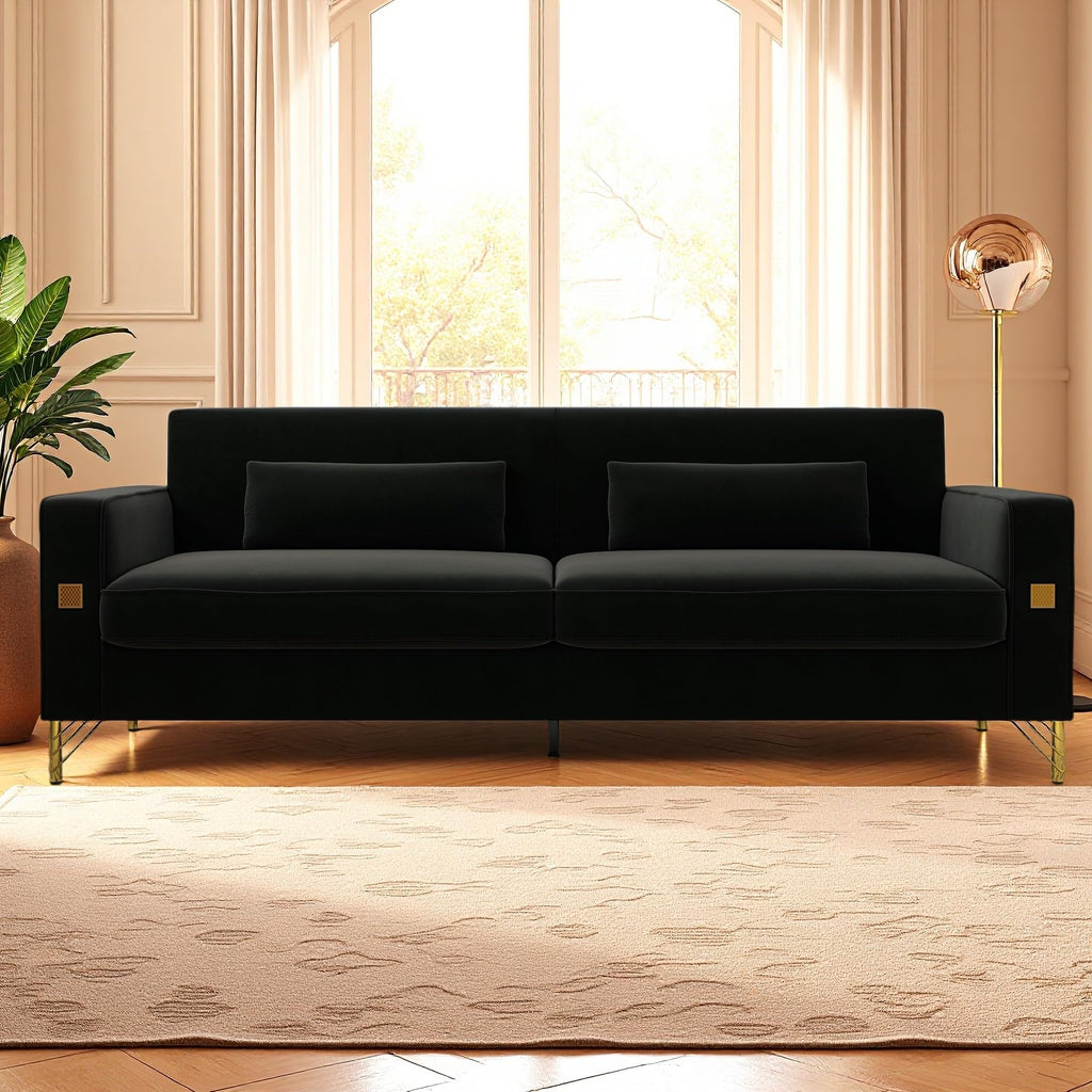 KEIKI 86" Oversized Luxury Velvet Sofa with Armrest and Removable Plush Cushions, Modern Style Gold Accents 3-Seater Couch with Solid Legs, Easy Assembly, for Living Room, Apartment, Green