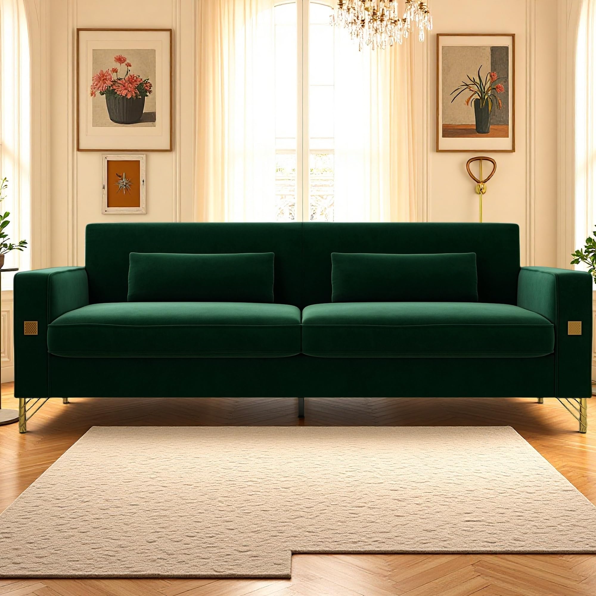 KEIKI 86" Oversized Luxury Velvet Sofa with Armrest and Removable Plush Cushions, Modern Style Gold Accents 3-Seater Couch with Solid Legs, Easy Assembly, for Living Room, Apartment, Green