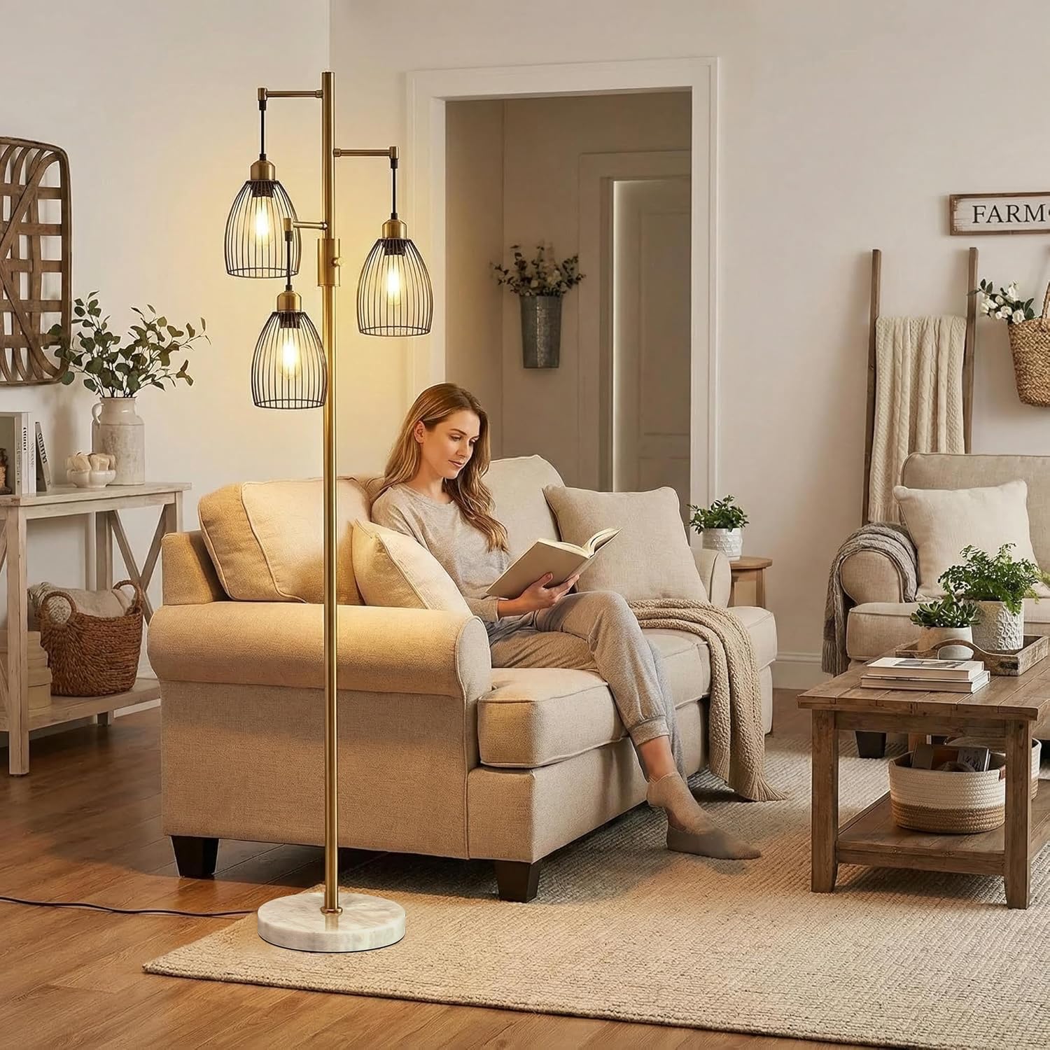 Dimmable Floor Lamp, Industrial Floor Lamps for Living Room, Gold Tree Lamp Standing Lamp Tall Lamps with 3 Elegant Teardrop Cage Head & 800 Lumens LED Bulbs for Living room Bedroom Office Dining Room