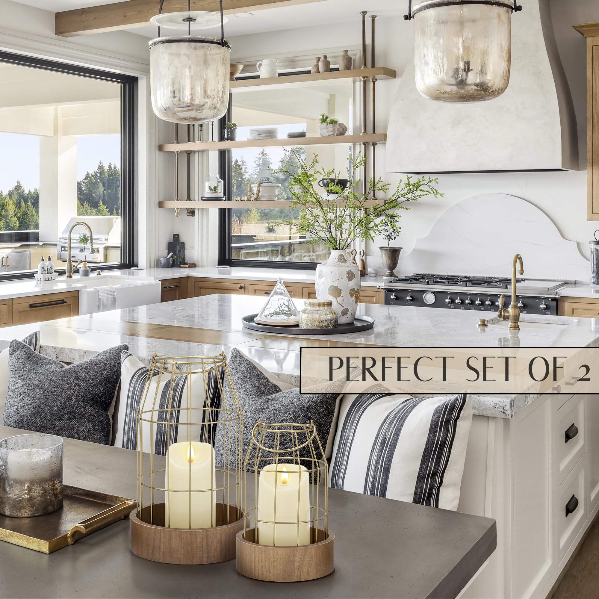 Rustic Farmhouse Lantern Decor Set of 2 - Stylish Decorative Lanterns for Your Living Room, Patio & Porch or Kitchen Dining Table - Modern Indoor/Outdoor Coffee Table Decor for Your Entire Home