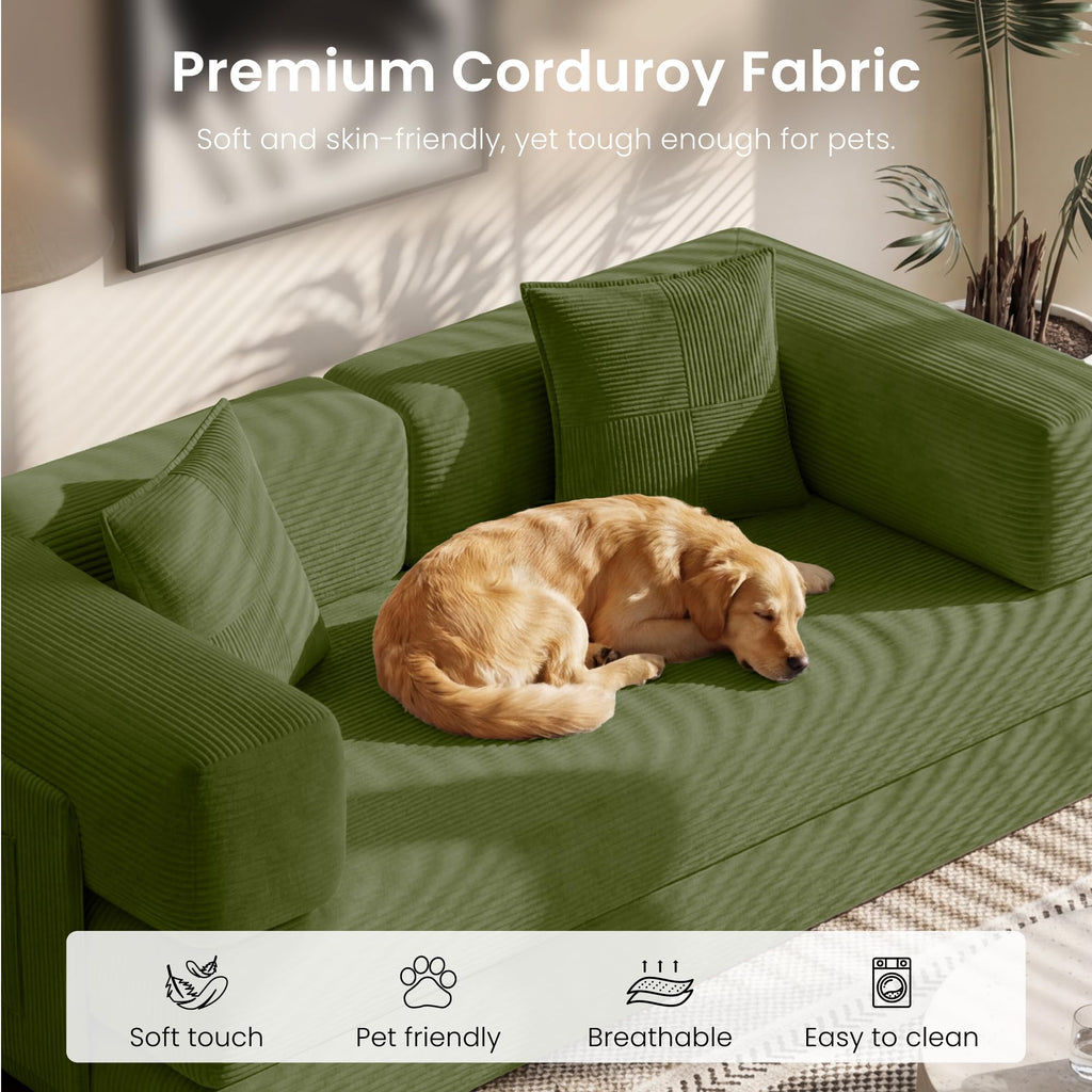 78.8" Convertible Futon Sofa Bed,Corduroy Futon Couch with Storage Pocket,Folding Pull Out Sofa,No Assembly Boneless Couch for Living Room | Pink