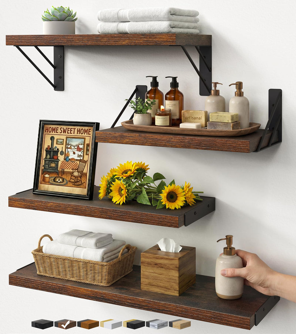 BAYKA Floating Shelves for Bedroom Decor, Wall Shelves for Storage, Wall Mounted Rustic Wood Floating Shelf for Books,Corner Shelf for Bathroom,Kitchen,Living Room(Black and Gold，Set of 4)