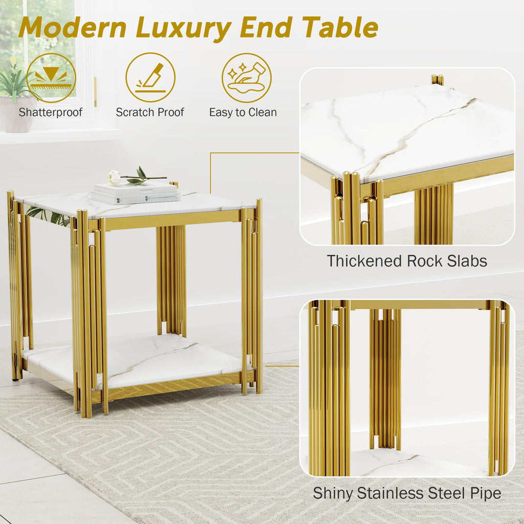 Luxury Gold Square Glass End Table, 19.7" Modern Side Table with Stainless Steel Irregular Leg Clear Tempered Glass Tabletop, Accent Furniture for Living Room, Clear