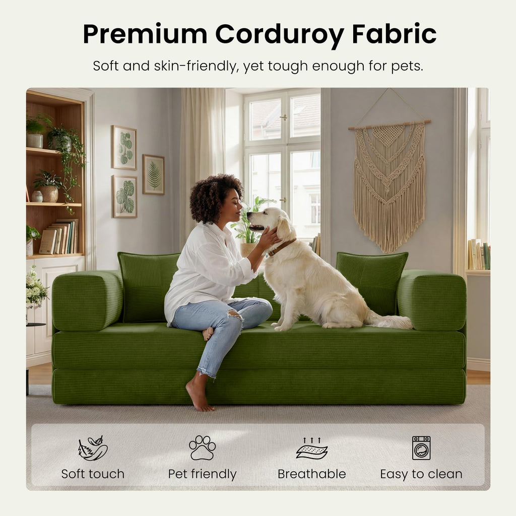 78.8" Convertible Futon Sofa Bed,Corduroy Futon Couch with Storage Pocket,Folding Pull Out Sofa,No Assembly Boneless Couch for Living Room | Pink