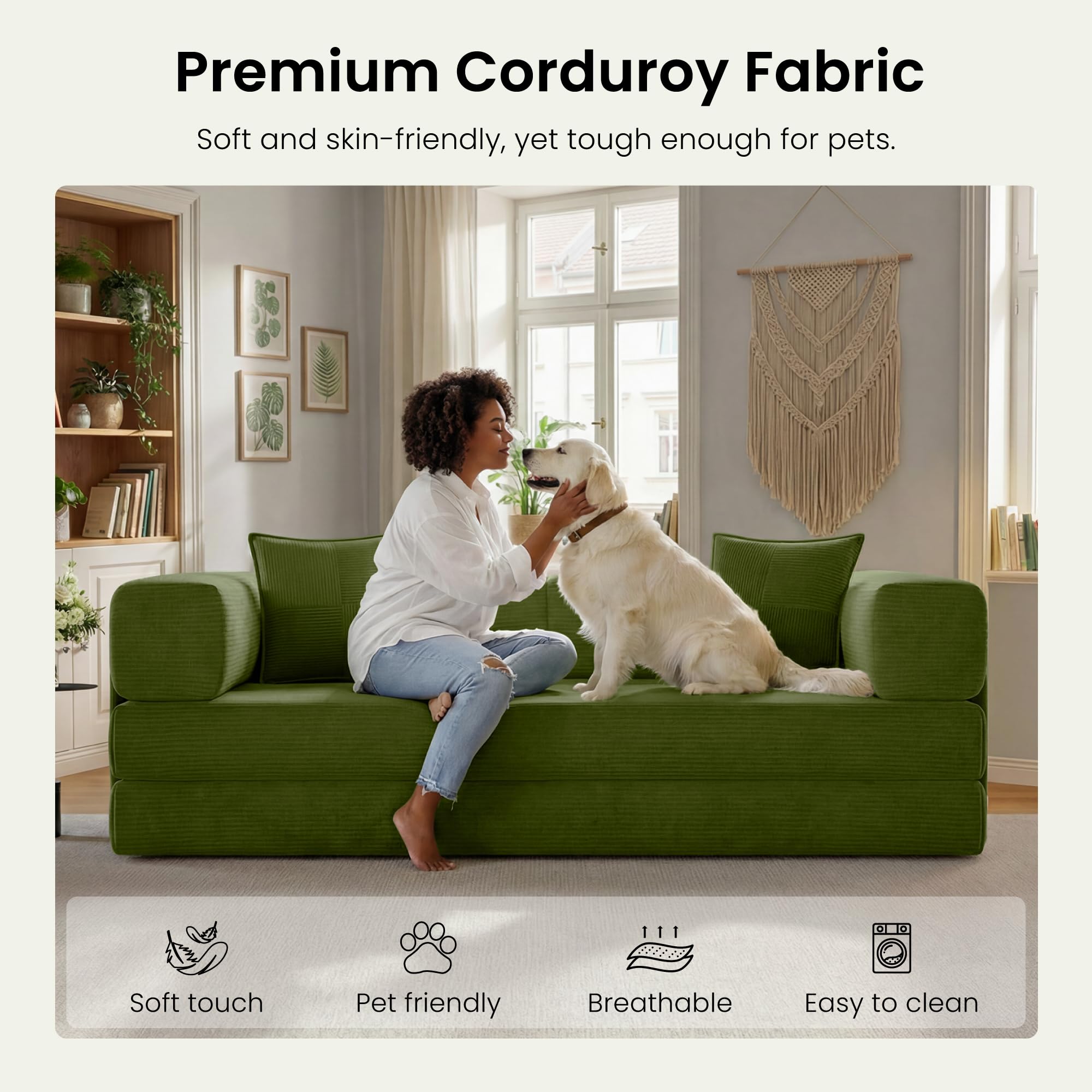 78.8" Convertible Futon Sofa Bed,Corduroy Futon Couch with Storage Pocket,Folding Pull Out Sofa,No Assembly Boneless Couch for Living Room | Pink