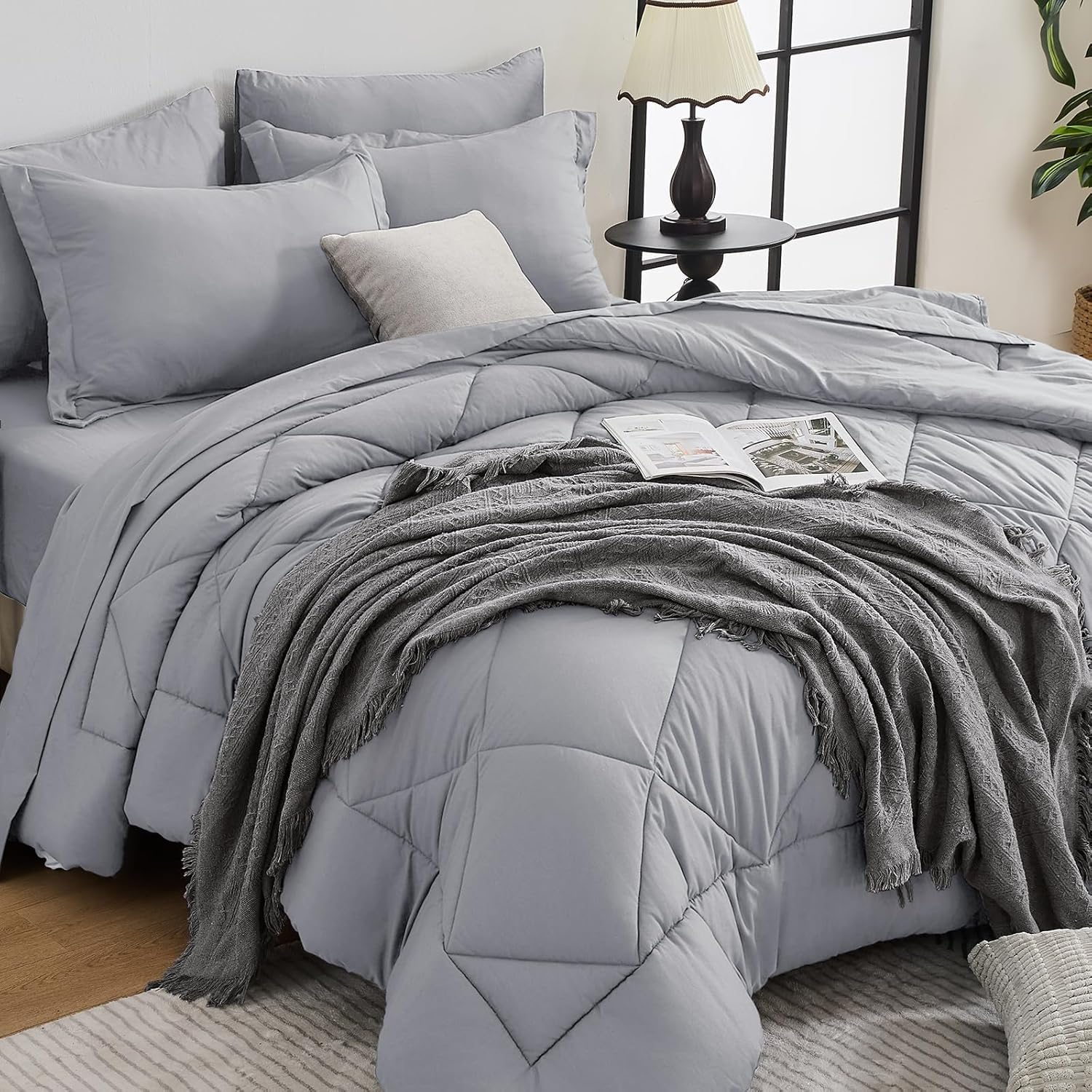 HEVUMYI 7 Pieces Queen Comforter Set, All Season Reversible Bed in a Bag, Ultra Soft Queen Bedding Set with Grey Comforter, Flat Sheet, Fitted Sheet, Pillowcases, Pillow Shams, Dark Grey