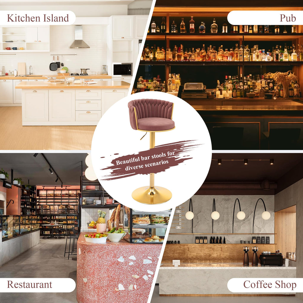 ABET Gold Bar Stool Set of 2, Velvet Swivel Barstools, Height Adjustable Counter Stools with Woven Back, Upholstered Modern Luxury Kitchen Stools with Footrest for Cafe, Pub, Black