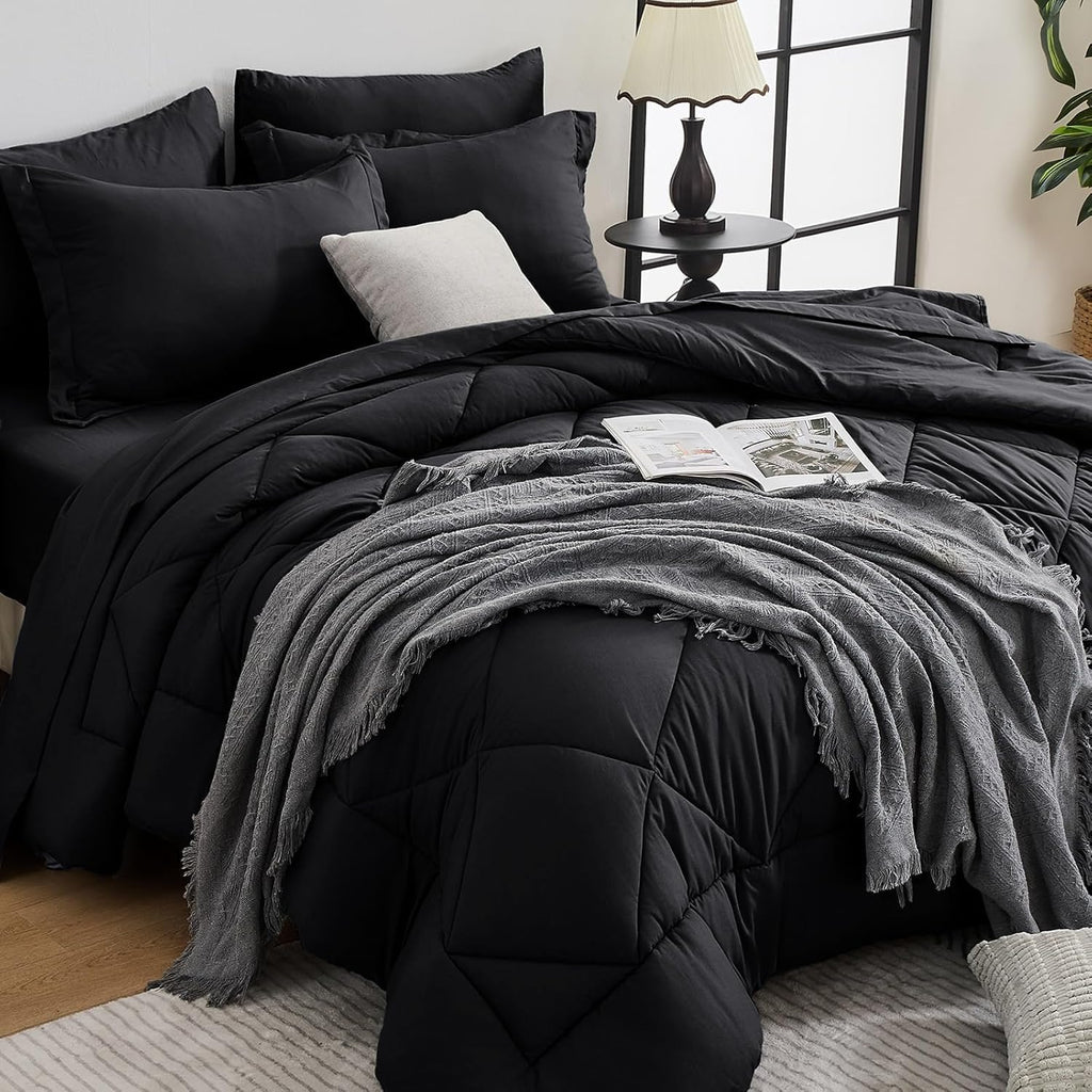 HEVUMYI 7 Pieces Queen Comforter Set, All Season Reversible Bed in a Bag, Ultra Soft Queen Bedding Set with Grey Comforter, Flat Sheet, Fitted Sheet, Pillowcases, Pillow Shams, Dark Grey