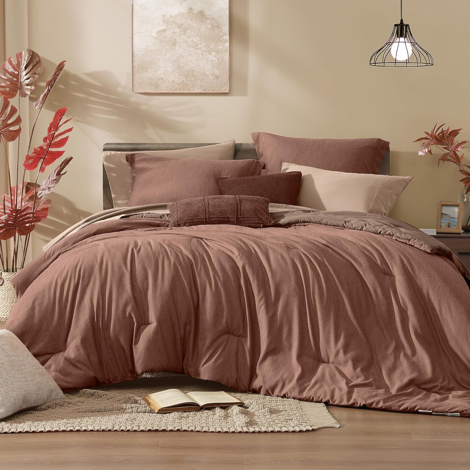 Monbix Queen Comforter Set - 7 Pieces Cationic Dyeing Autumn Leaf Bed in a Bag Queen Bedding Sets with Comforter, Sheets, Pillowcases & Shams, Reversible Bedding Comforters Sets
