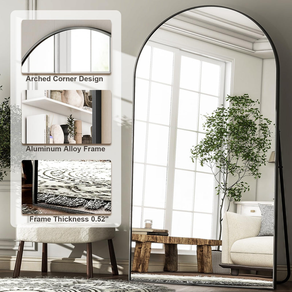 HARRITPURE 64"x21" Arched Full Length Mirror Floor Mirrors with Aluminum Alloy Frame Free-Standing Wall Mounted or Leaning Large Bedroom Dressing Mirror Modern & Contemporary Decor for Home,Black