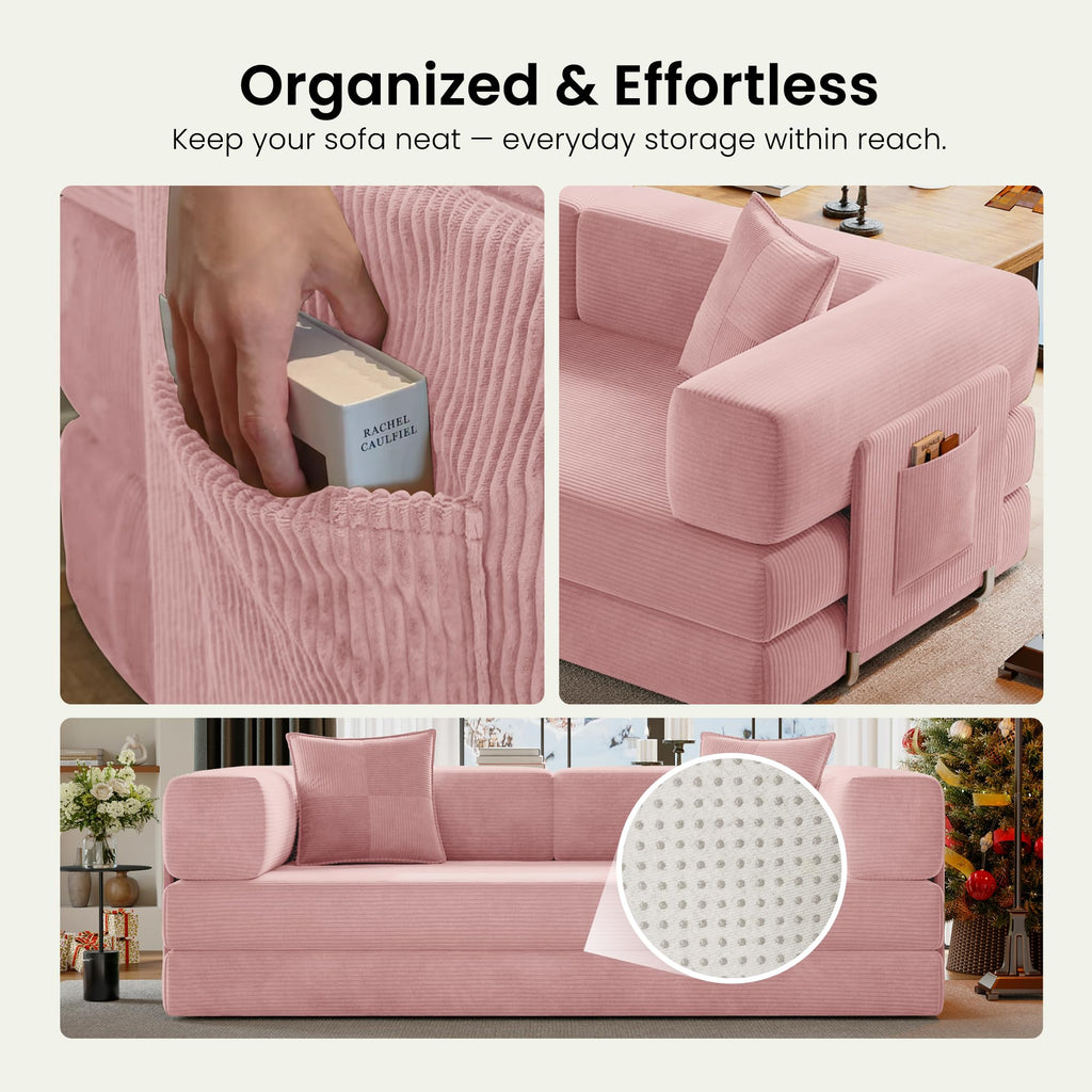 78.8" Convertible Futon Sofa Bed,Corduroy Futon Couch with Storage Pocket,Folding Pull Out Sofa,No Assembly Boneless Couch for Living Room | Pink