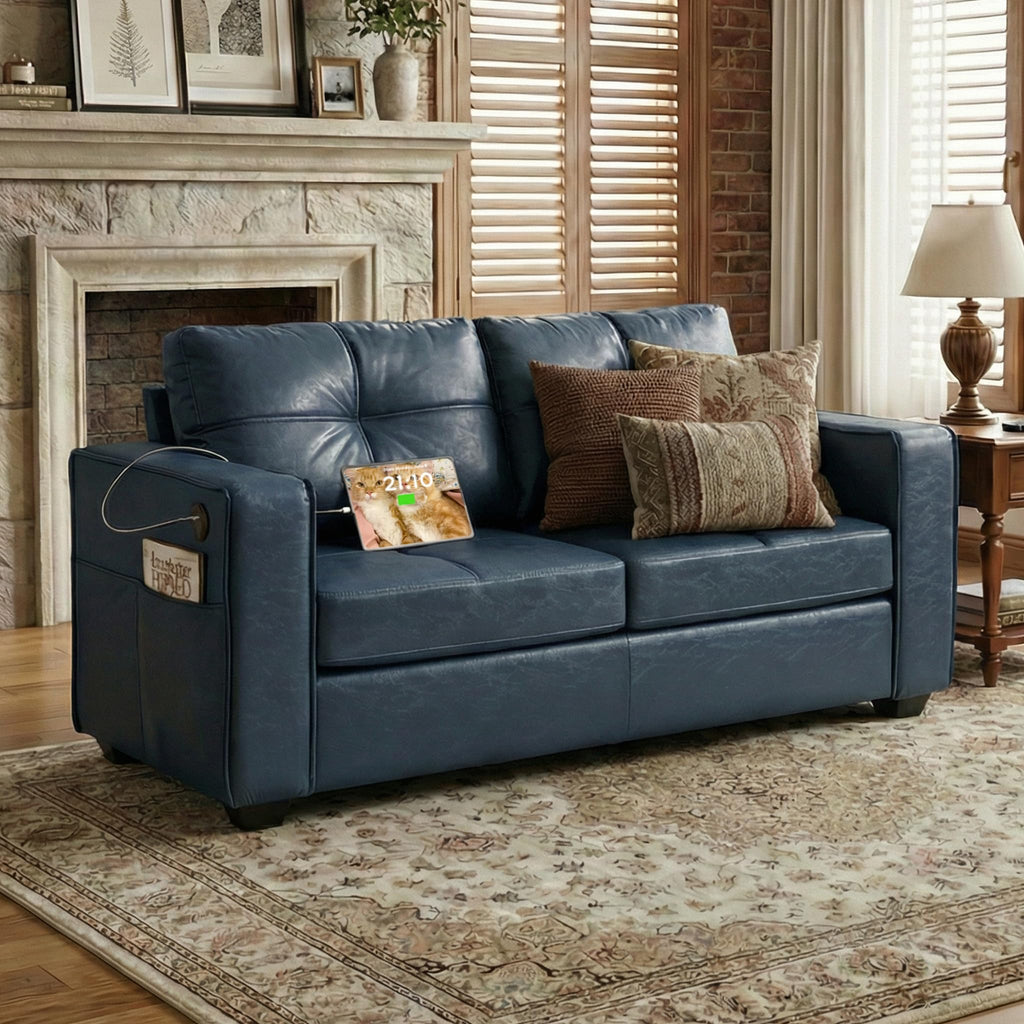 TYBOATLE 88" W Blue Faux Leather L Shaped Sectional Couches w/Side Pockets, Comfy Modular Convertible Sofas w/USB, Office Sofa Set with Chaise for Living Room, Bedroom (Blue, 3L)