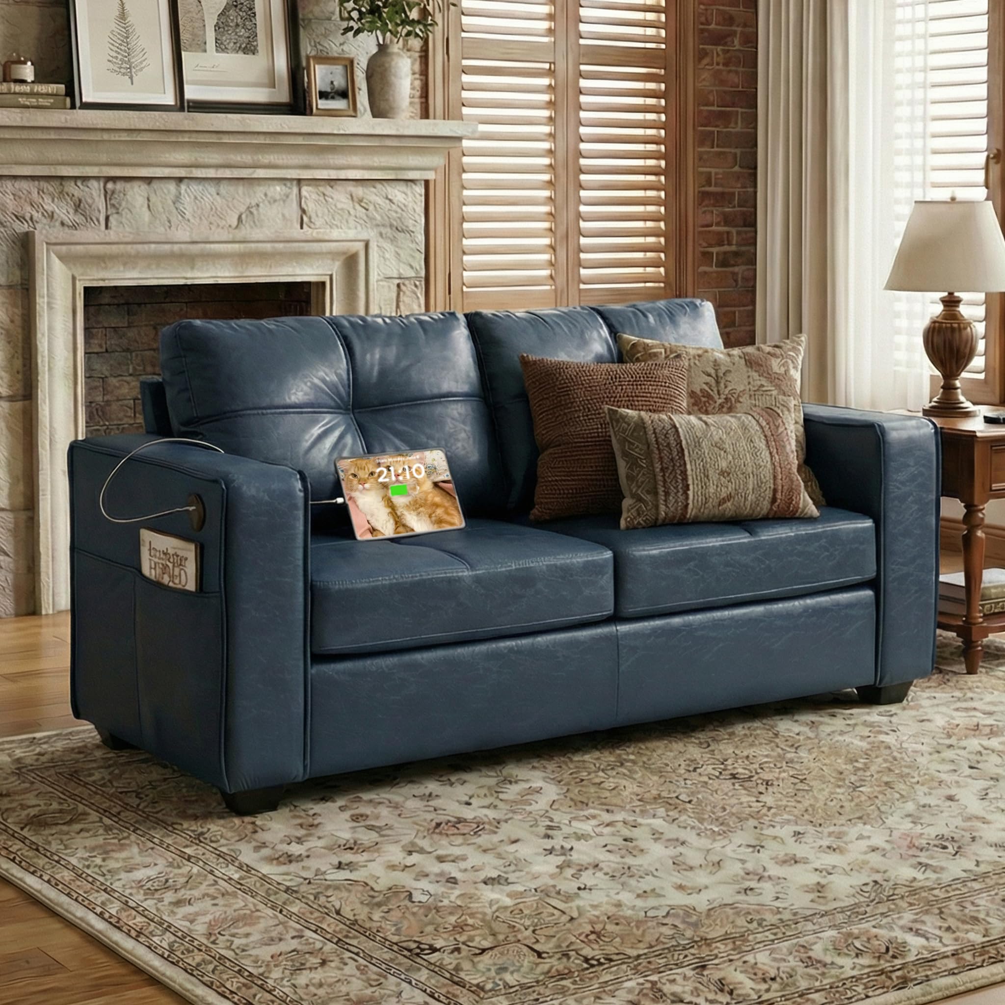 TYBOATLE 88" W Blue Faux Leather L Shaped Sectional Couches w/Side Pockets, Comfy Modular Convertible Sofas w/USB, Office Sofa Set with Chaise for Living Room, Bedroom (Blue, 3L)