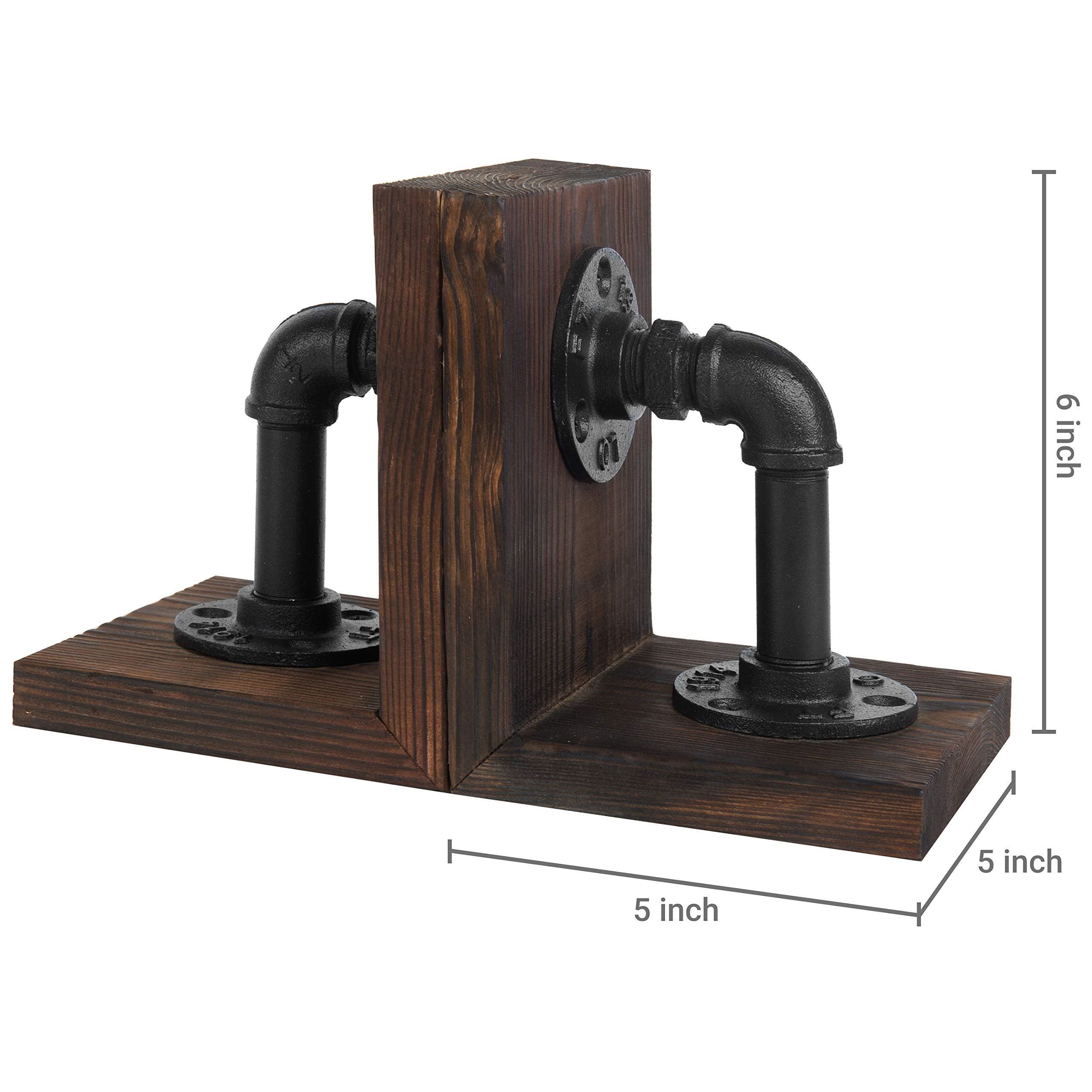 MyGift Book Ends Decorative, Bookends for Shelves, Metal Bookends for Heavy Books, Office Decor for Men, Wood Book Stopper, Realistic Industrial Pipe Design, Dark Brown