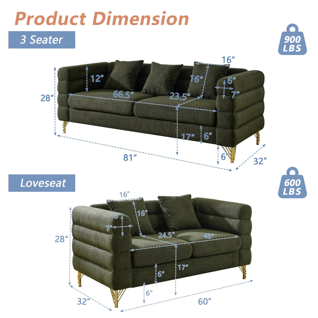 mikibama Modern Teddy Sectional Sofa, 81 Inch Oversized Sofa Couch, Luxury 3 Seater Deep Couch with 3 Pillows and Gold Metal Legs for Living Room, Bedroom, Apartment (Black)