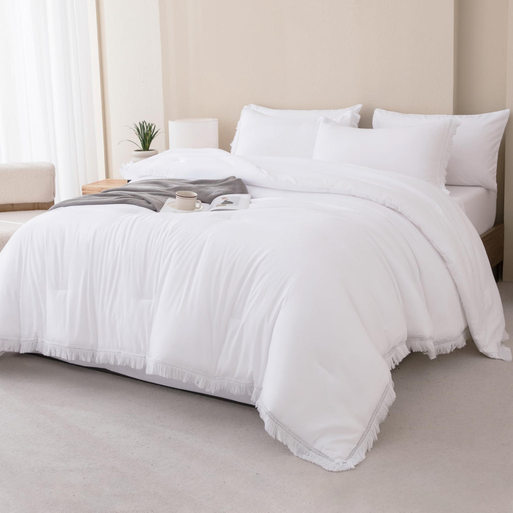 Andency King Size Comforter Set with Sheets Light Pink - 7 Pieces Bed in a Bag Boho Soft Lightweight Bedding Sets, Tassel Bed Set with Comforter, Sheets, Pillowcases & Shams