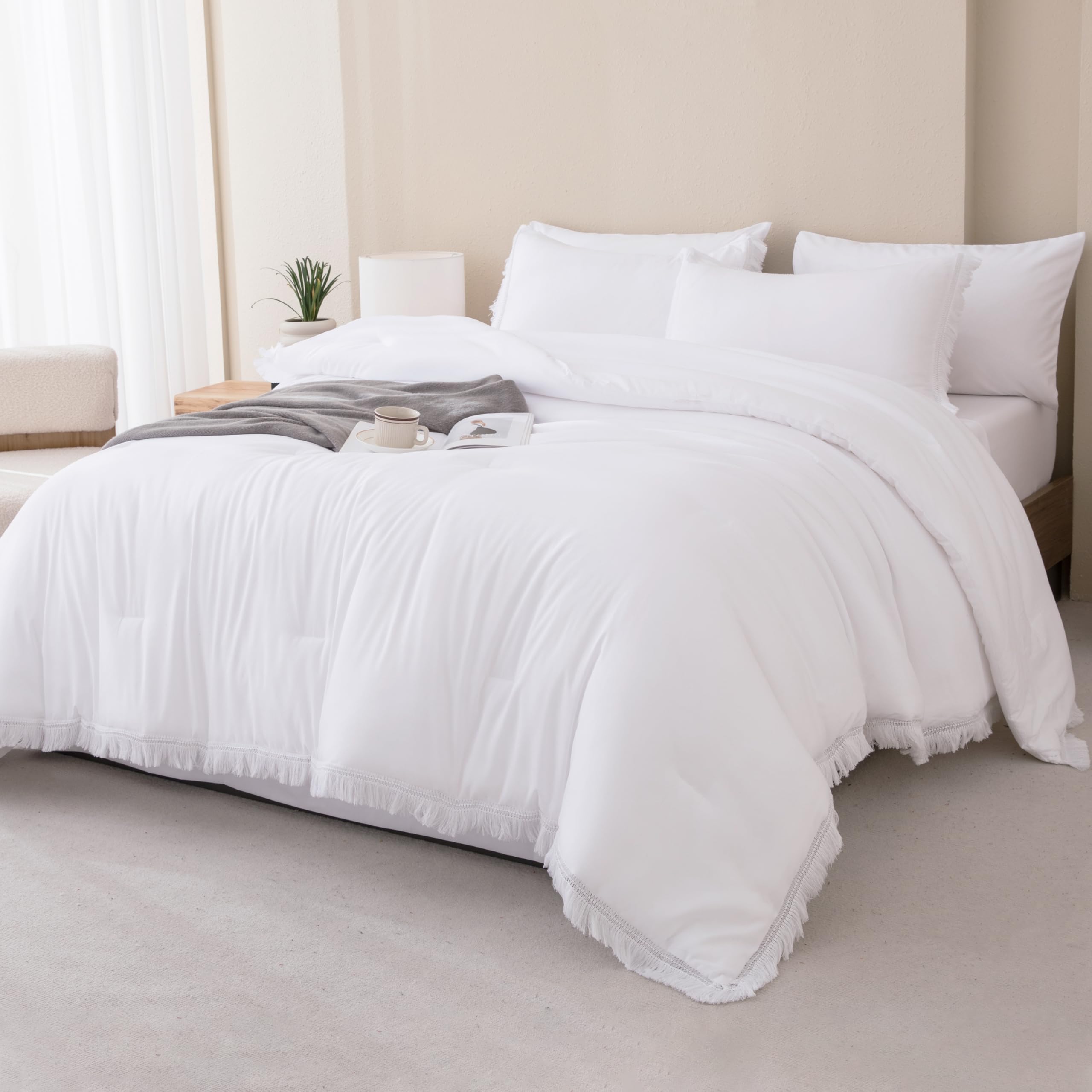 Andency King Size Comforter Set with Sheets Light Pink - 7 Pieces Bed in a Bag Boho Soft Lightweight Bedding Sets, Tassel Bed Set with Comforter, Sheets, Pillowcases & Shams