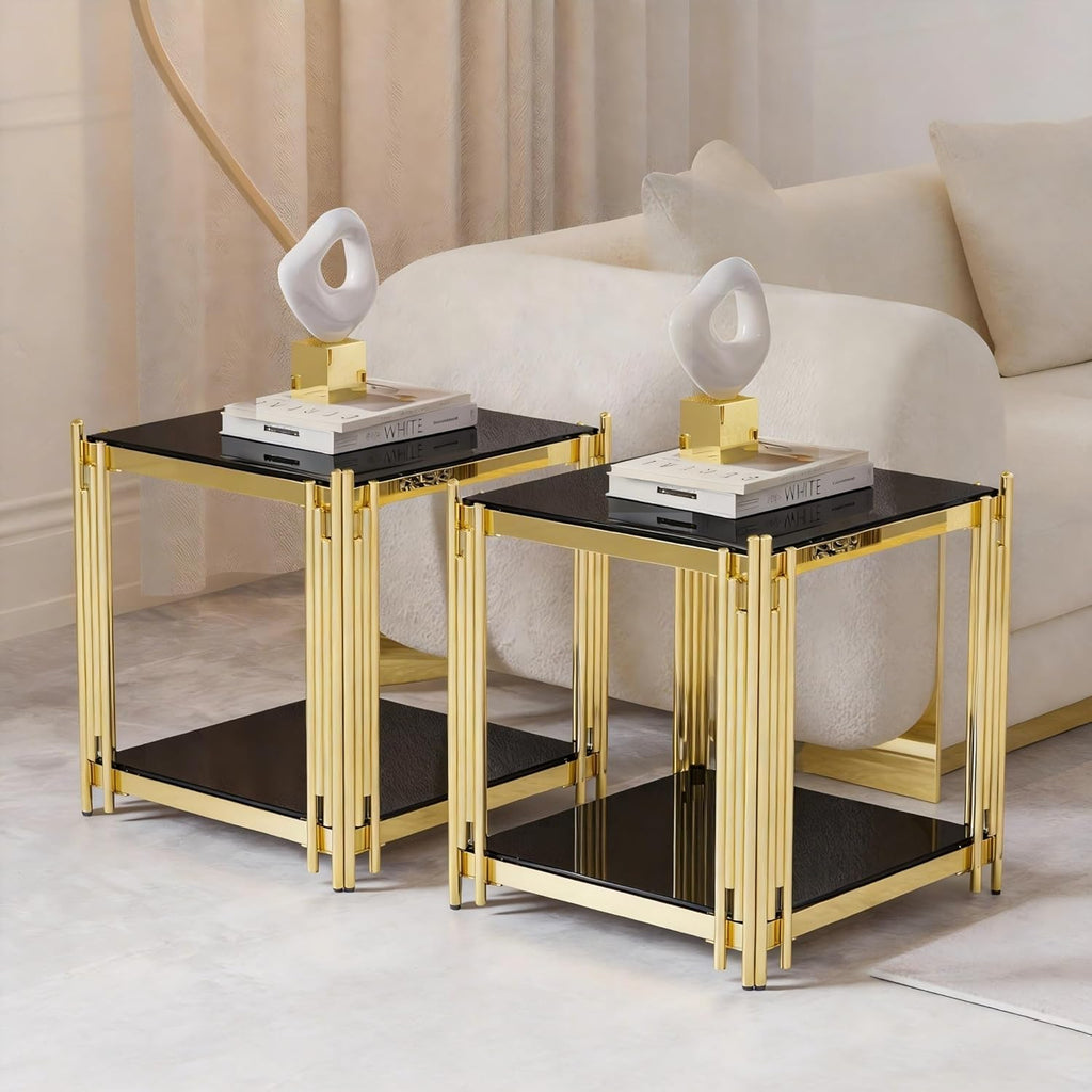 Luxury Gold Square Glass End Table, 19.7" Modern Side Table with Stainless Steel Irregular Leg Clear Tempered Glass Tabletop, Accent Furniture for Living Room, Clear