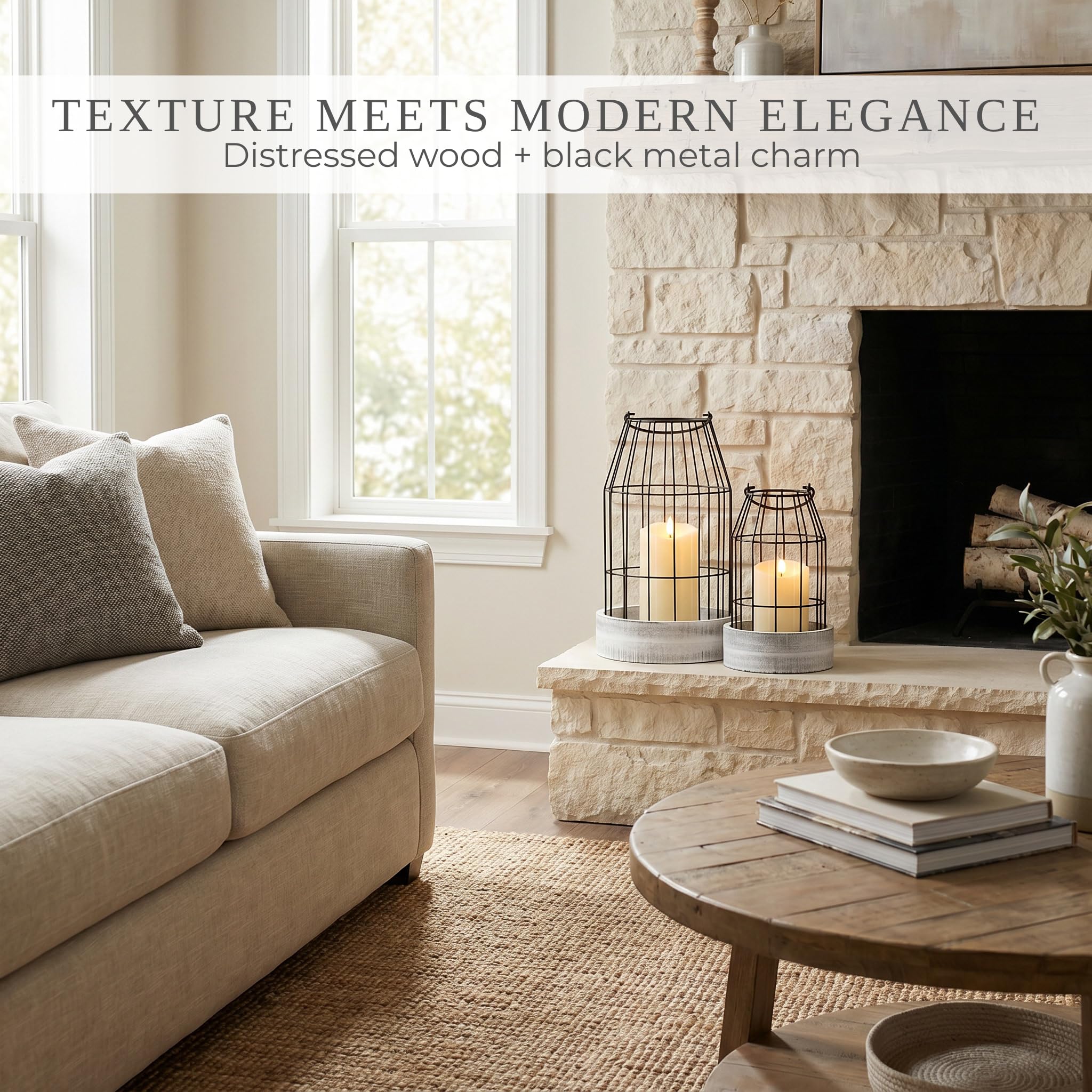 Rustic Farmhouse Lantern Decor Set of 2 - Stylish Decorative Lanterns for Your Living Room, Patio & Porch or Kitchen Dining Table - Modern Indoor/Outdoor Coffee Table Decor for Your Entire Home