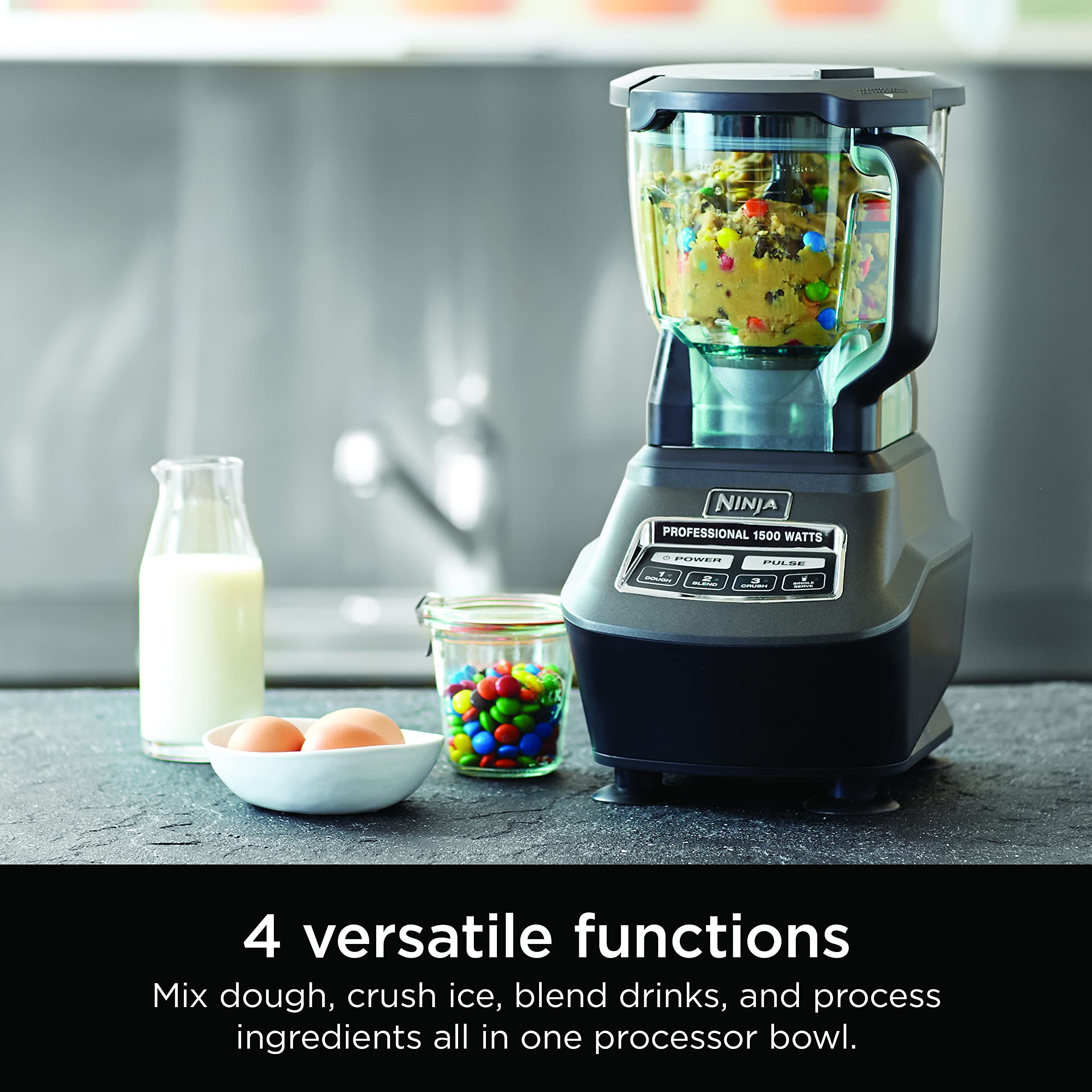 Ninja Kitchen System | All-in-One Food Processor & Blender for Smoothies | Includes Pitcher, (2) 16 oz. To-Go Cups & 8-Cup Bowl | Makes Salsa, Dough, Shakes, & Frozen Drinks | 1500W | Black | BL770