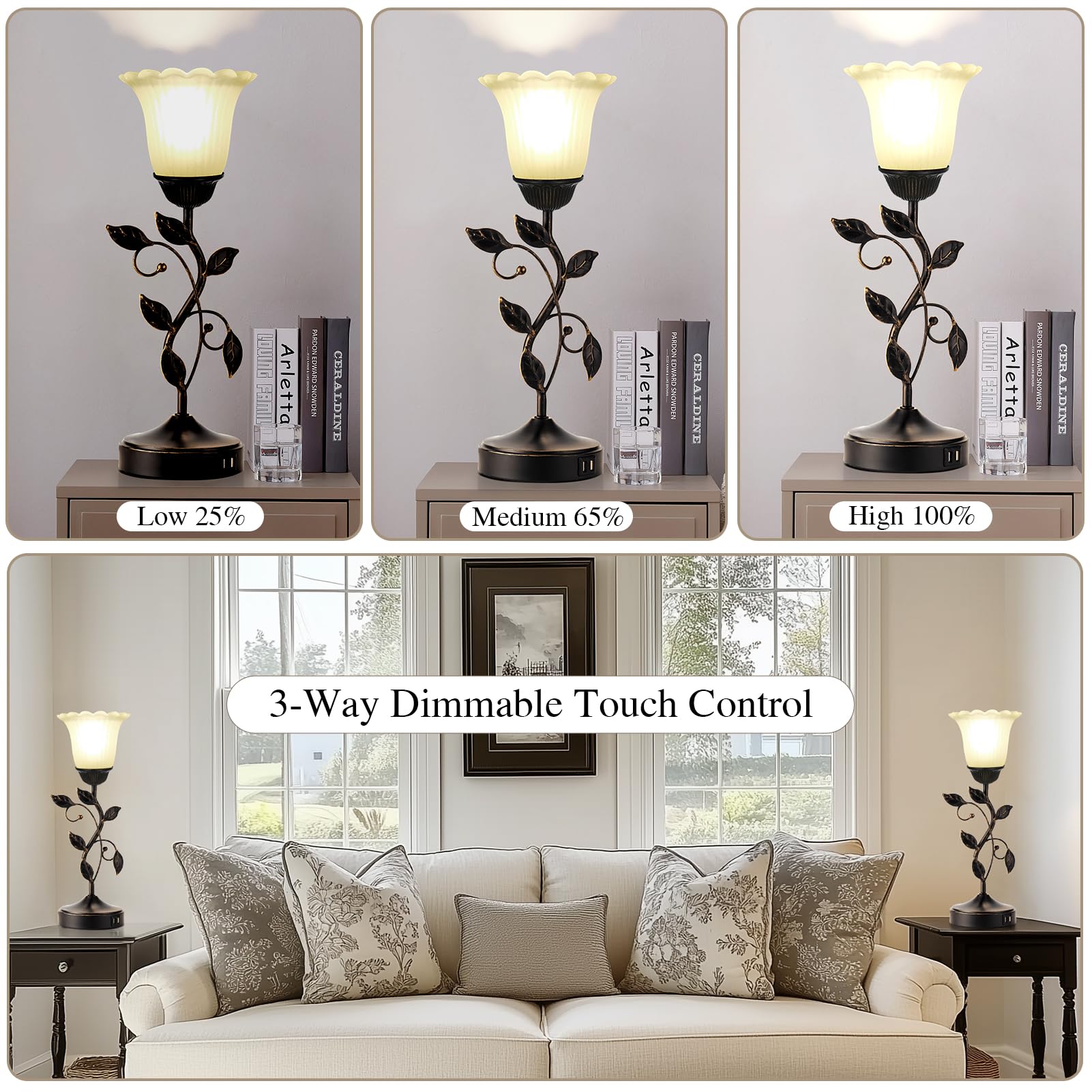 Touch Control Table Lamp with 2 USB Charging Ports, 3-Way Dimmable Bedside Nightstand Lamps, Amber Glass Shade Vintage Rural Leaf Lamp for Living Room, Bedroom, Dresser, LED Bulb Included (Bronze)