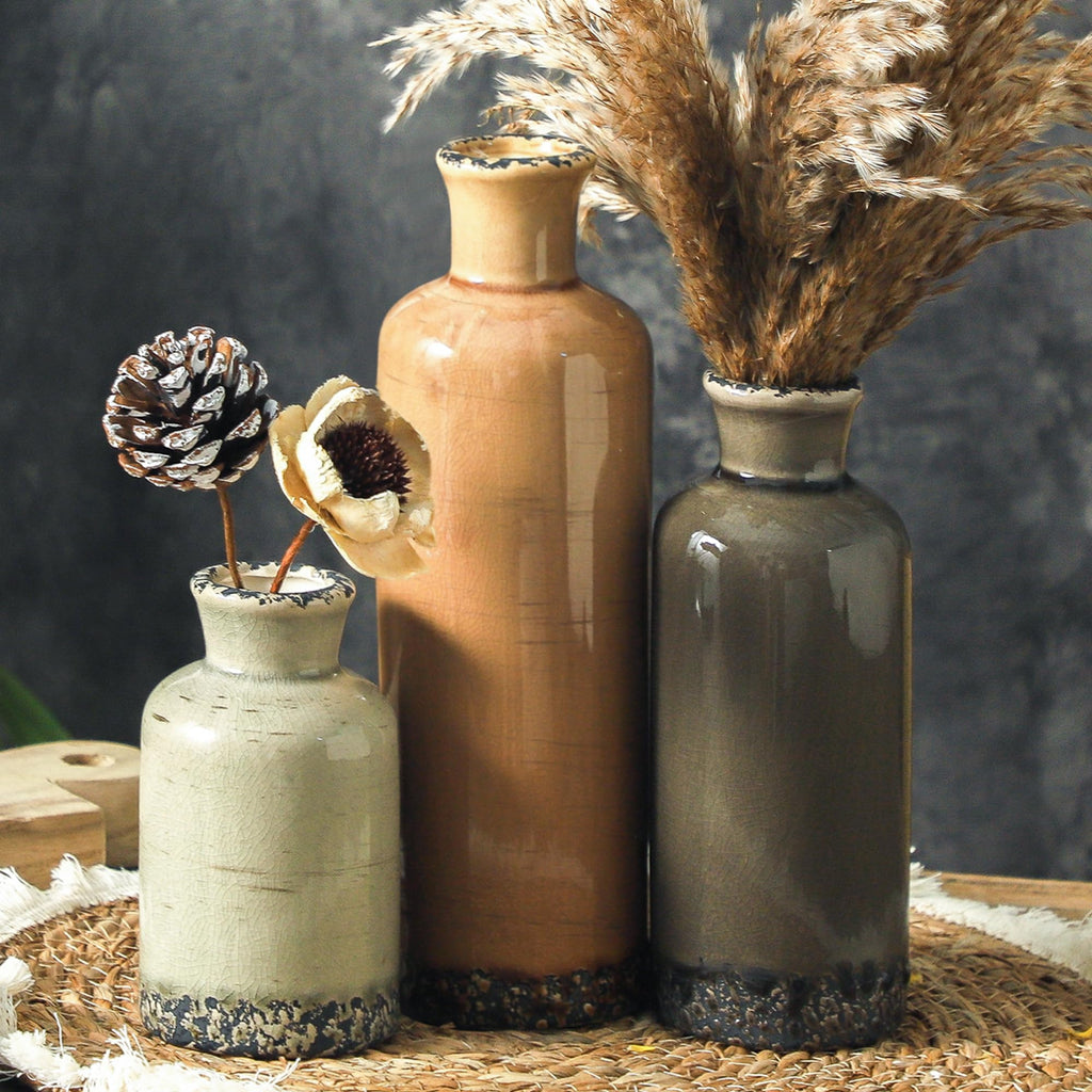 Vintage Vase Set of 3, Ceramic Vintage Flower Vases, Chinoiserie Decorative Home Decor Retro Floral Vase Rustic Farmhouse Decor for Table Bookshelf Mantel Kitchen Living Room Office - Green and Beige