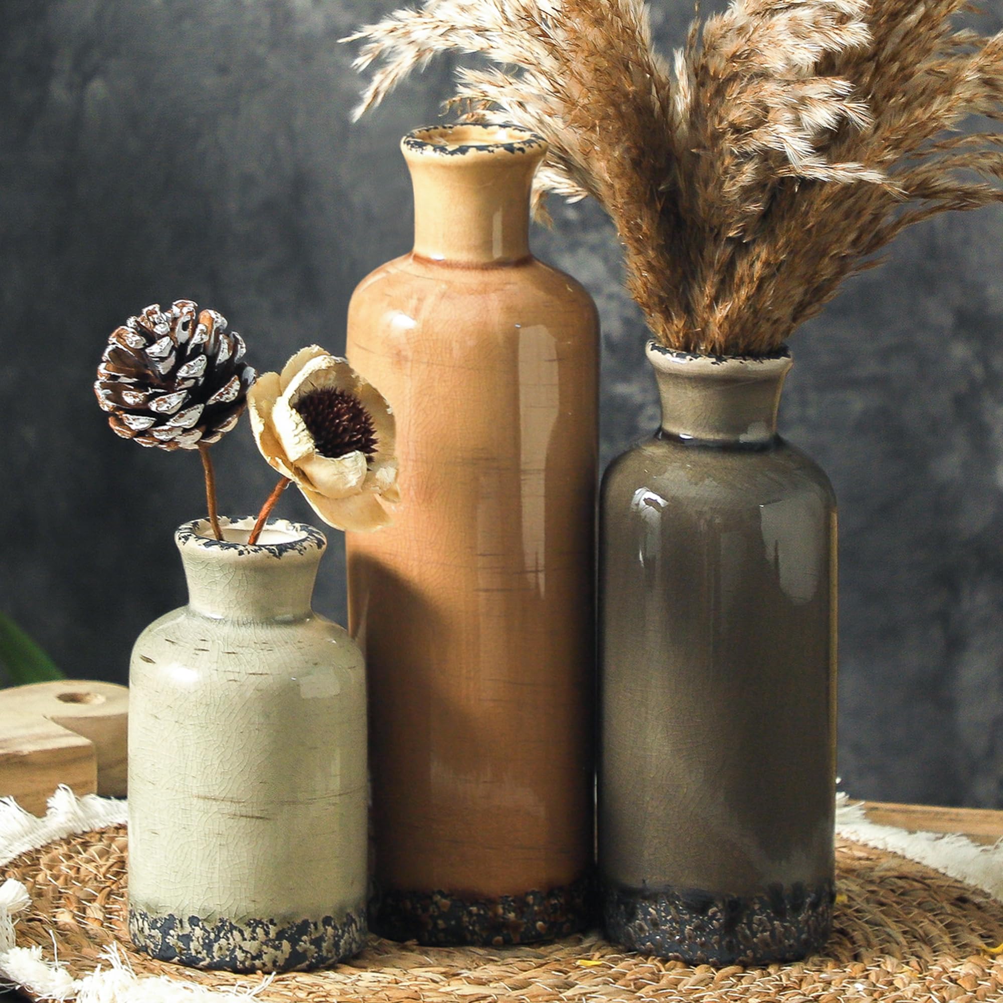 Vintage Vase Set of 3, Ceramic Vintage Flower Vases, Chinoiserie Decorative Home Decor Retro Floral Vase Rustic Farmhouse Decor for Table Bookshelf Mantel Kitchen Living Room Office - Green and Beige