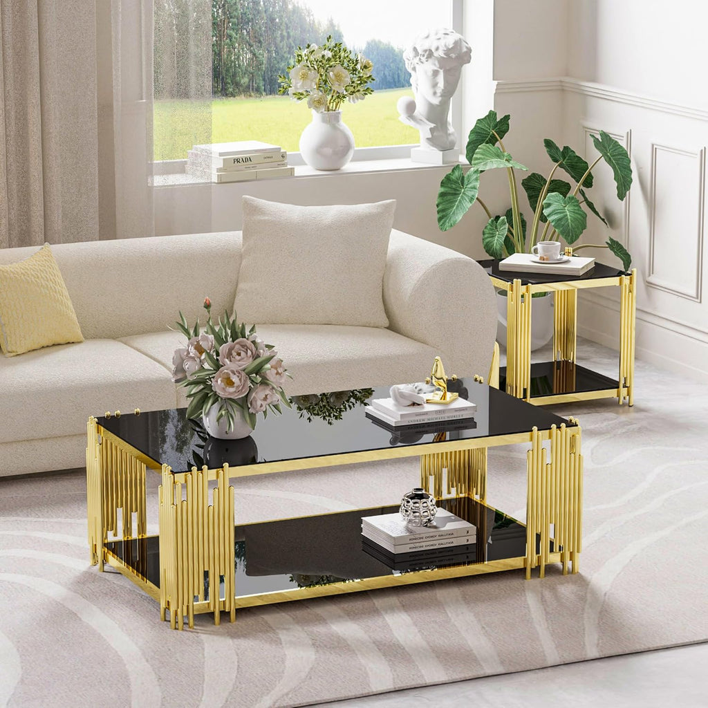 Luxury Gold Square Glass End Table, 19.7" Modern Side Table with Stainless Steel Irregular Leg Clear Tempered Glass Tabletop, Accent Furniture for Living Room, Clear