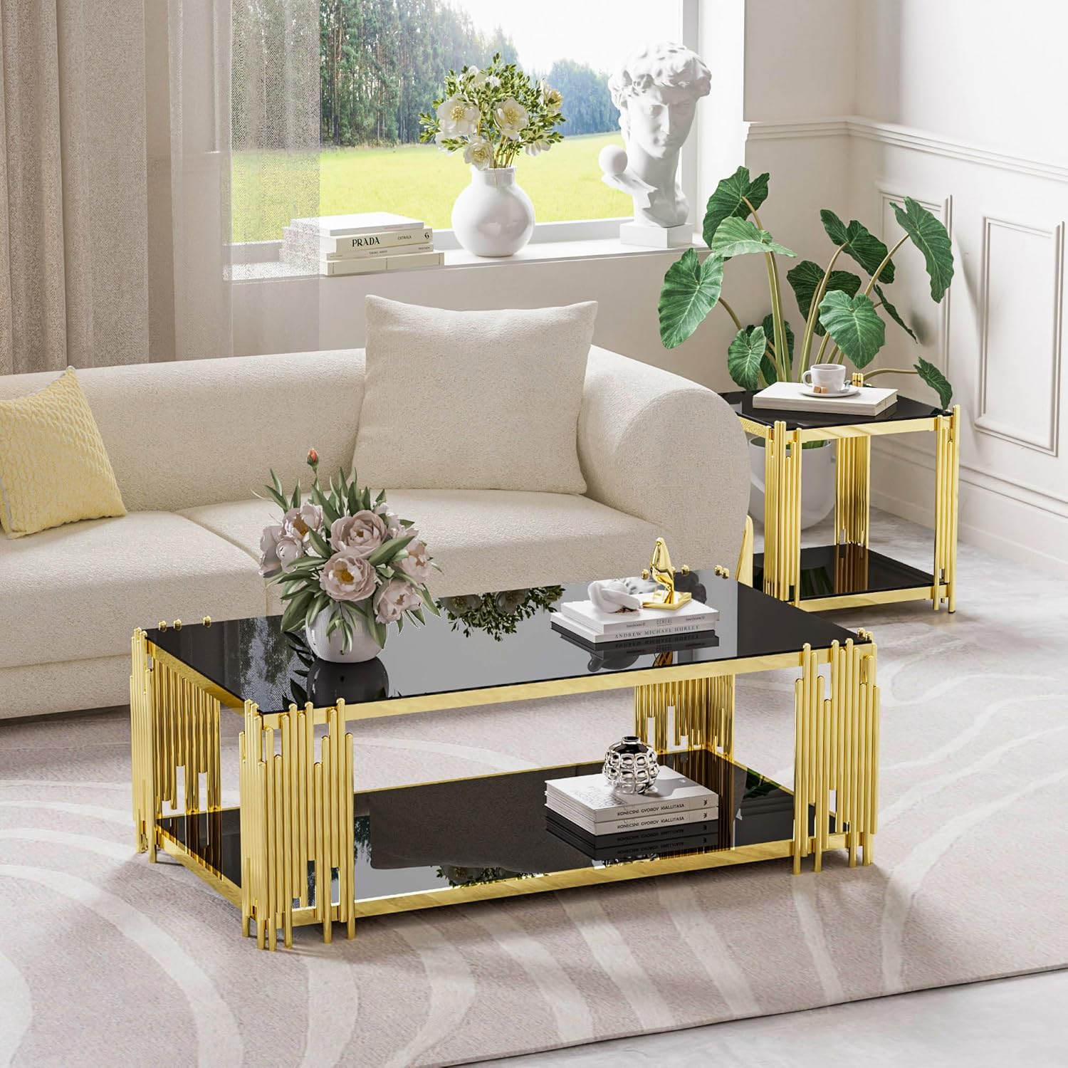 Luxury Gold Square Glass End Table, 19.7" Modern Side Table with Stainless Steel Irregular Leg Clear Tempered Glass Tabletop, Accent Furniture for Living Room, Clear
