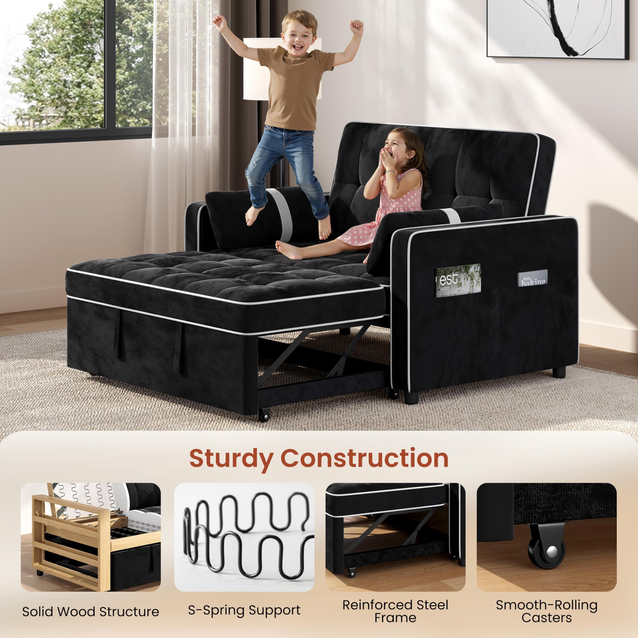 Yaheetech 3 in 1 Sofa Bed Convertible Velvet Sofa Pull Out Couch Folding Loveseat Sleeper with Adjustable Backrest, Armrest Pillows, USB Ports, Side Pockets for Living Room Bedroom Apartment, Beige