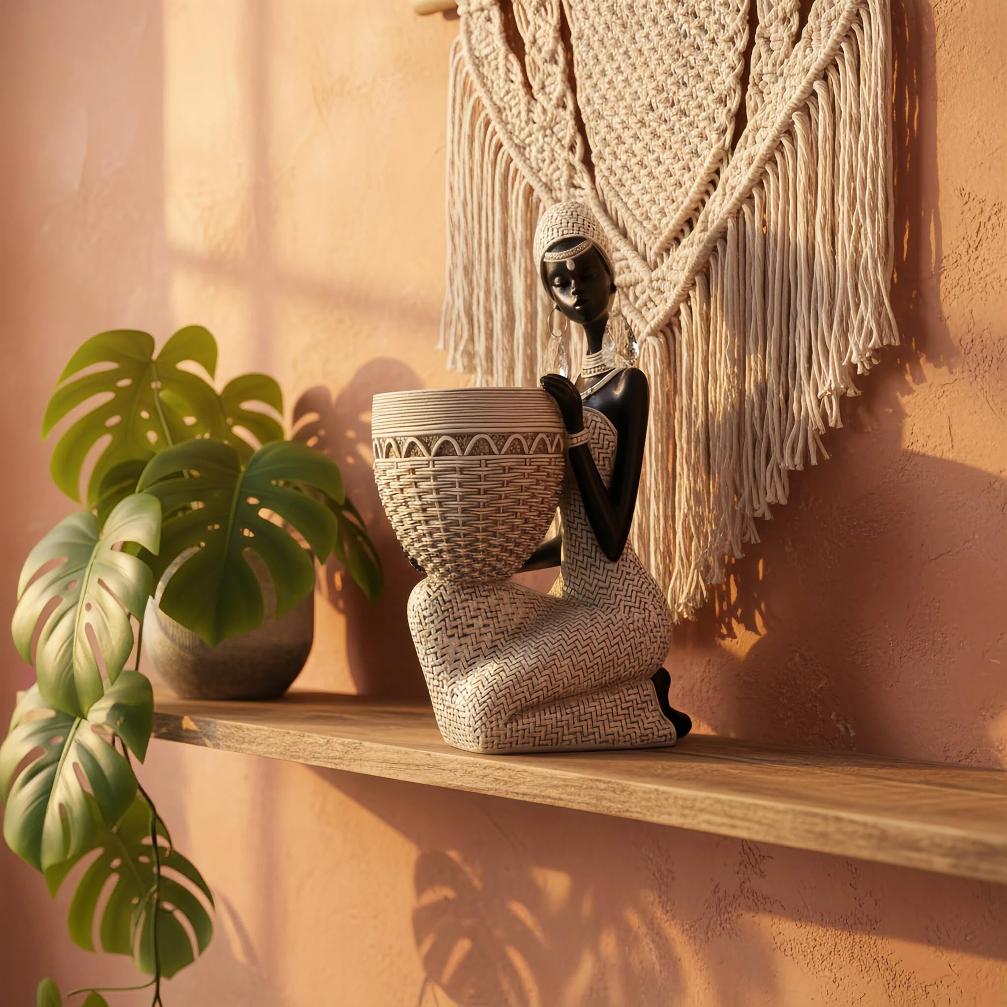 Lescafita African Woman Sculpture with Gold Leaf Bowl, Handmade Resin Figurine, Exotic Tribal Art Statue for Living Room, Dining Table, or Entryway Decoration