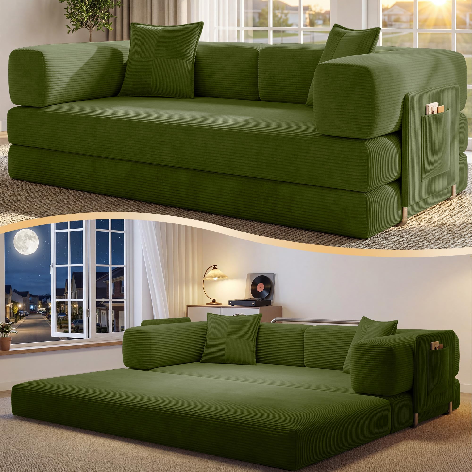 78.8" Convertible Futon Sofa Bed,Corduroy Futon Couch with Storage Pocket,Folding Pull Out Sofa,No Assembly Boneless Couch for Living Room | Pink