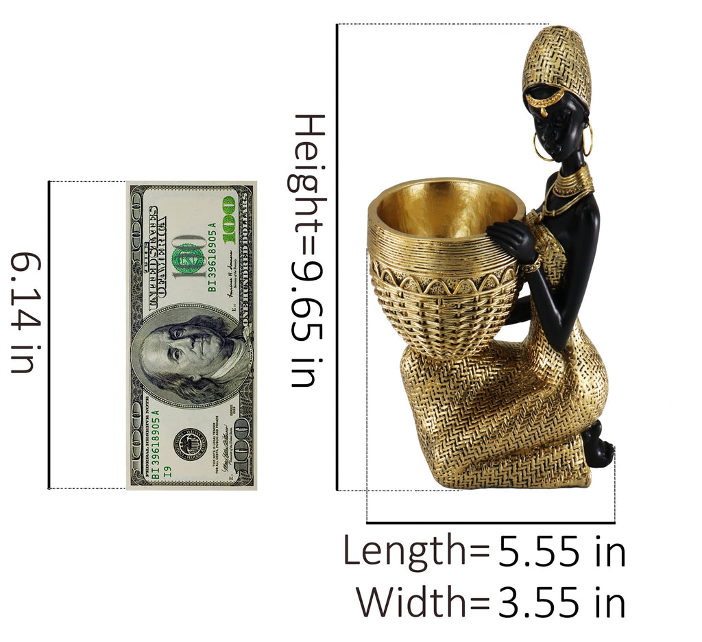 Lescafita African Woman Sculpture with Gold Leaf Bowl, Handmade Resin Figurine, Exotic Tribal Art Statue for Living Room, Dining Table, or Entryway Decoration