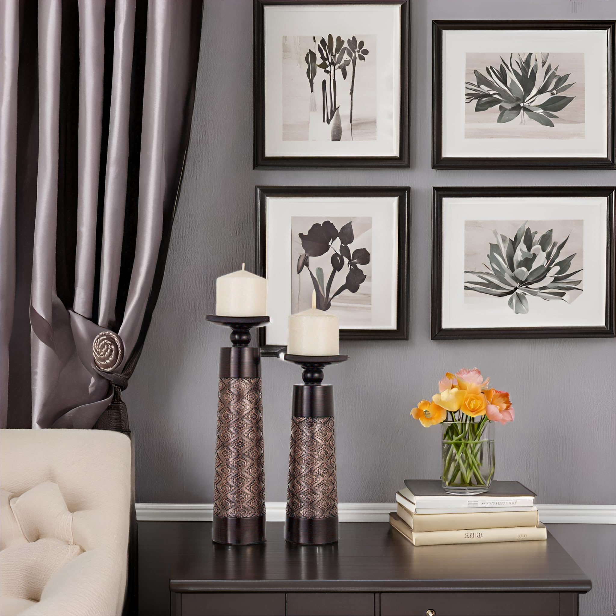 Creative Scents Dublin Silver Decorative Candle Holder Set of 2 - Home Decor Pillar Candle Stand, Coffee Table Mantle Decor centerpieces for Fireplace, Living or Dining Room Table, Gift Boxed