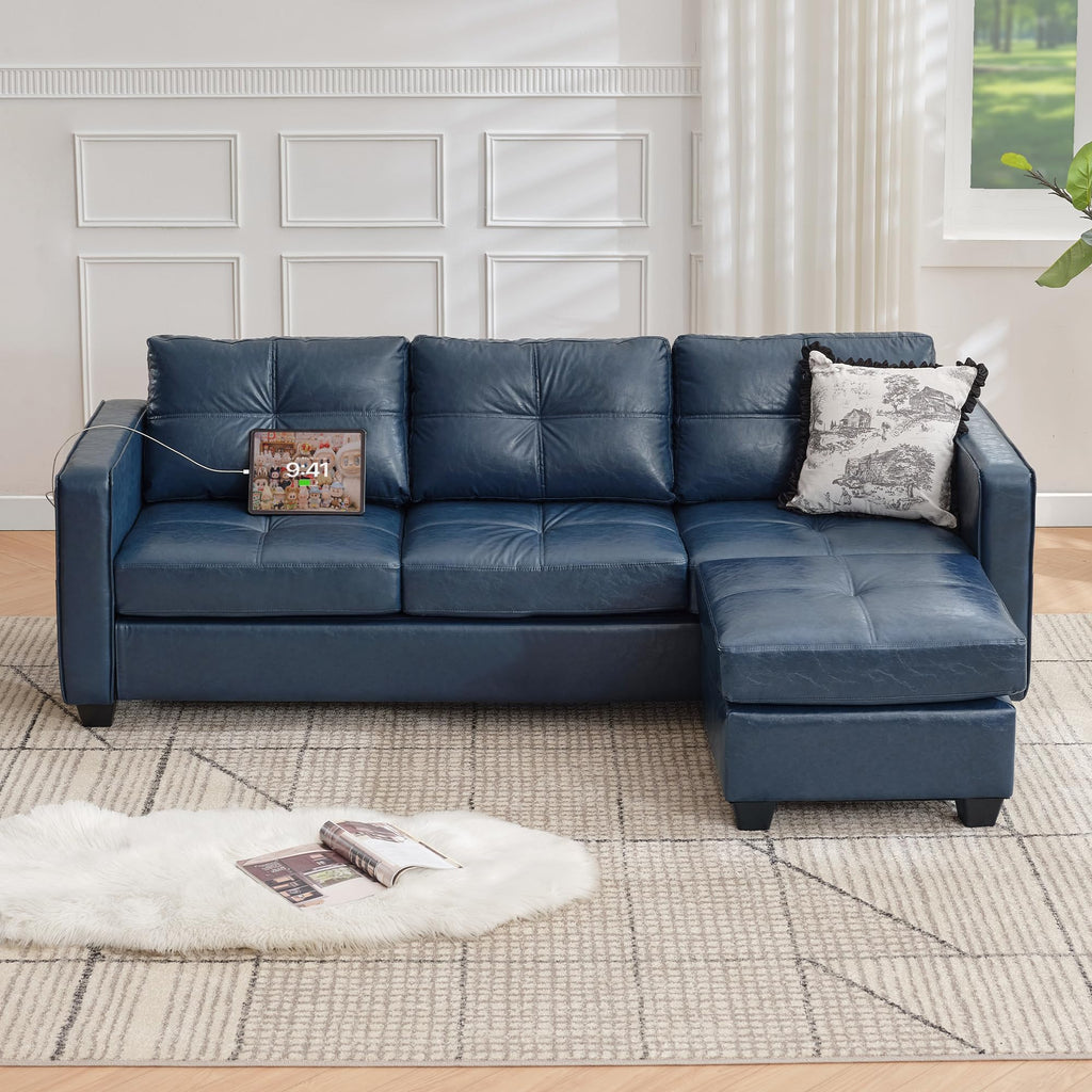 TYBOATLE 88" W Blue Faux Leather L Shaped Sectional Couches w/Side Pockets, Comfy Modular Convertible Sofas w/USB, Office Sofa Set with Chaise for Living Room, Bedroom (Blue, 3L)