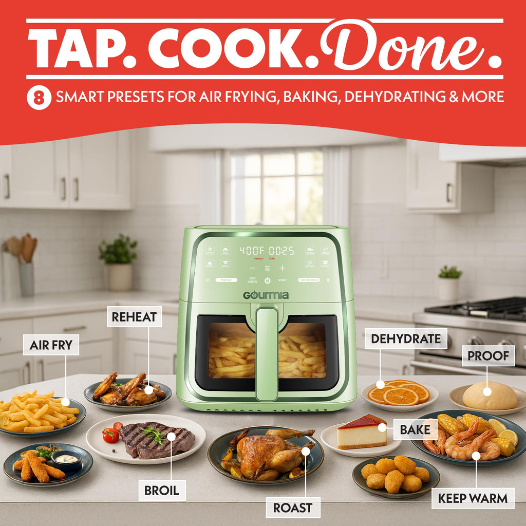Gourmia 8 Qt Air Fryer, 8 Presets with Digital Display, FryForce 360° Technology, Easy View Window & Interior Light, Dishwasher Safe Basket, Green