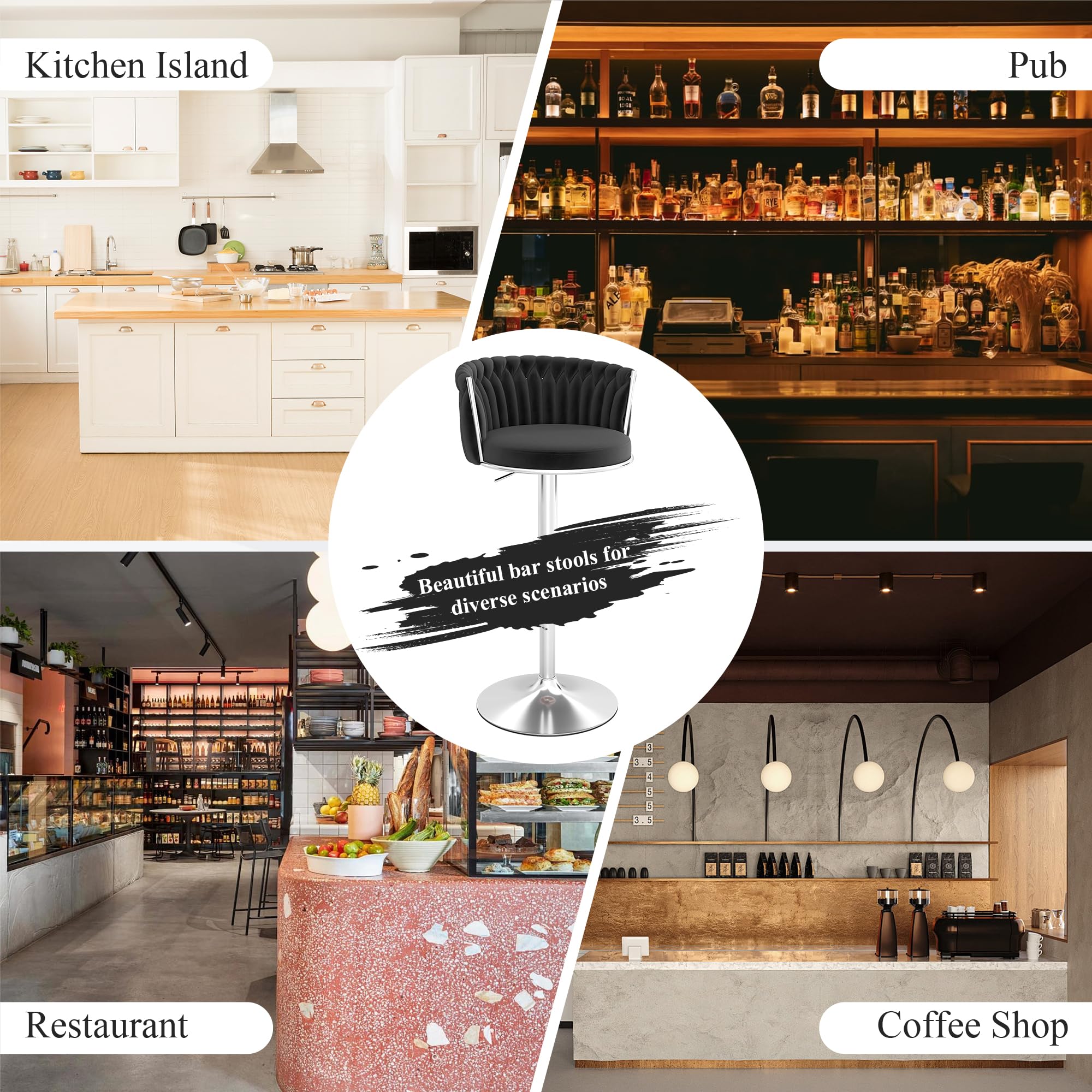 ABET Gold Bar Stool Set of 2, Velvet Swivel Barstools, Height Adjustable Counter Stools with Woven Back, Upholstered Modern Luxury Kitchen Stools with Footrest for Cafe, Pub, Black