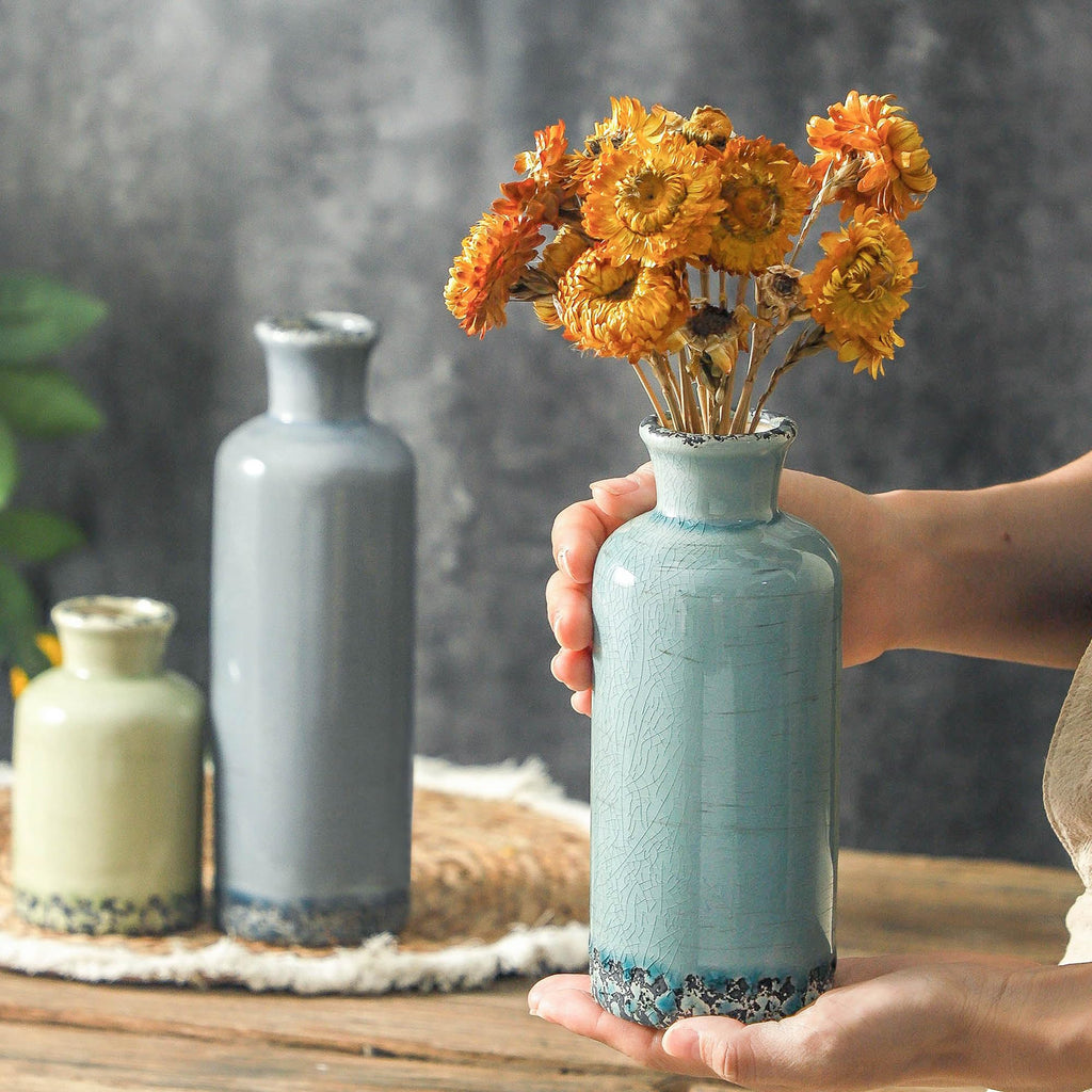 Vintage Vase Set of 3, Ceramic Vintage Flower Vases, Chinoiserie Decorative Home Decor Retro Floral Vase Rustic Farmhouse Decor for Table Bookshelf Mantel Kitchen Living Room Office - Green and Beige