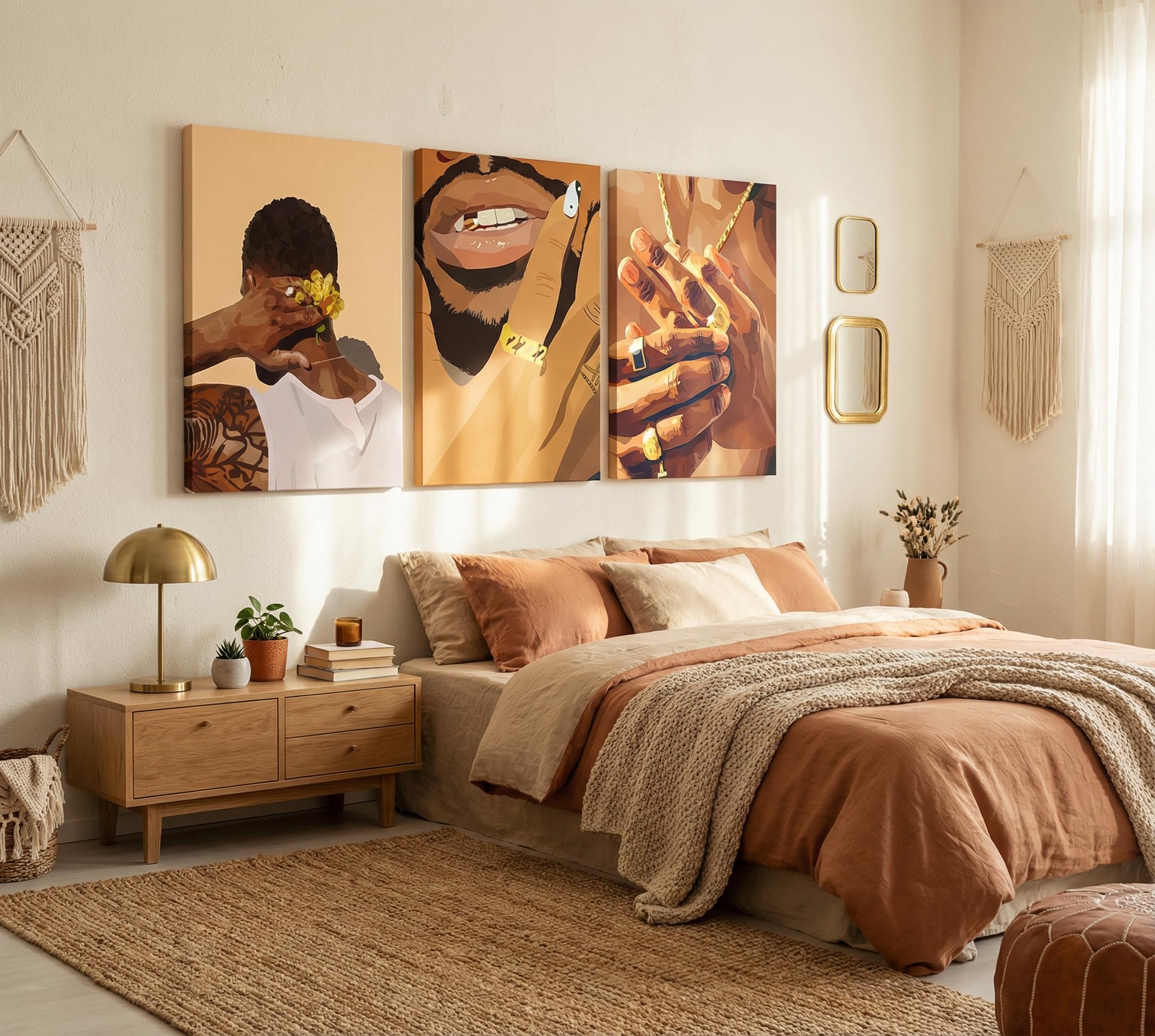 3 Pcs Black Gold Woman Canvas Wall Art African American Black Girl Wall Decor Pictures Abstract Black Gold Female Poster Print Artwork for Living Room Bedroom Scene Home Decoration Prepare To Hang