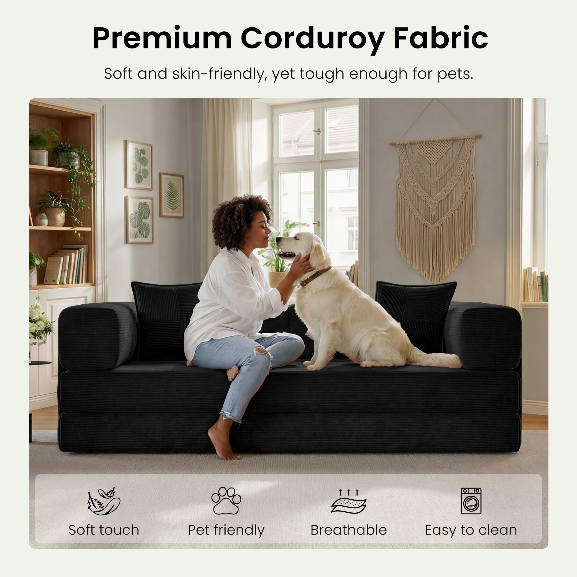 78.8" Convertible Futon Sofa Bed,Corduroy Futon Couch with Storage Pocket,Folding Pull Out Sofa,No Assembly Boneless Couch for Living Room | Pink