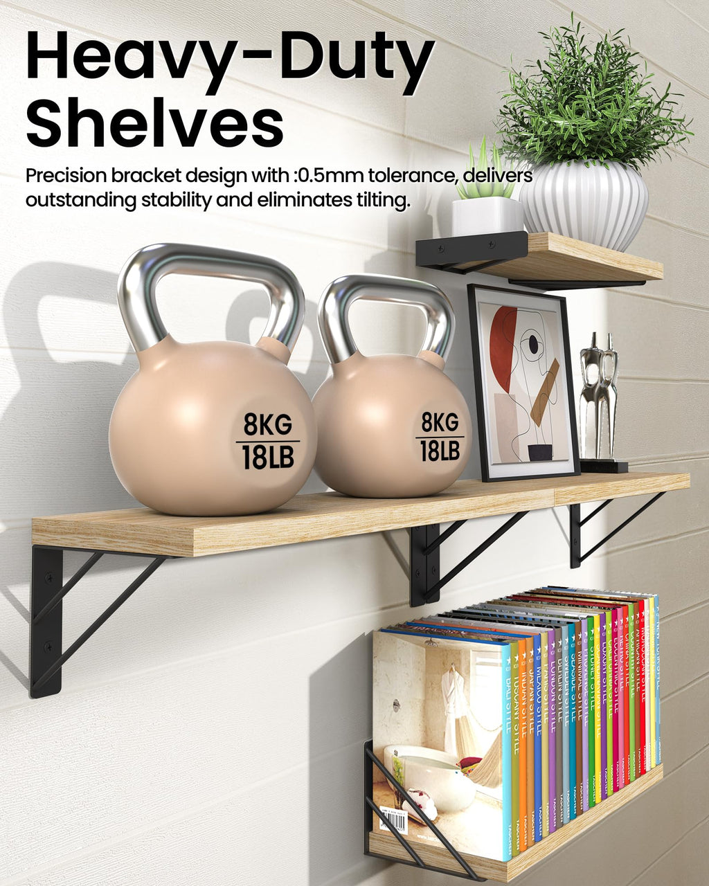 BAYKA Floating Shelves for Bedroom Decor, Wall Shelves for Storage, Wall Mounted Rustic Wood Floating Shelf for Books,Corner Shelf for Bathroom,Kitchen,Living Room(Black and Gold，Set of 4)