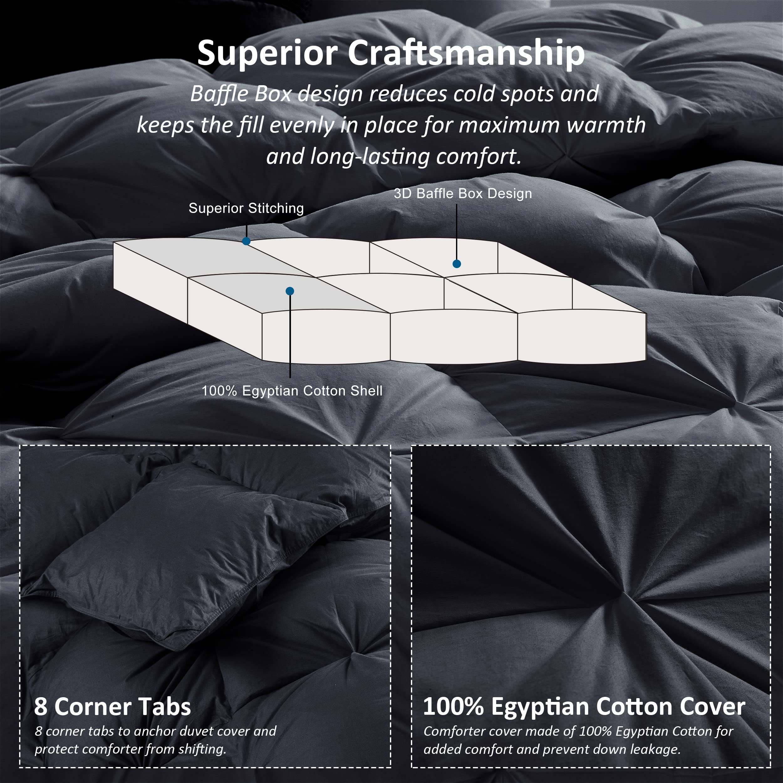 Luxurious White Solid Heavy Weight, Palatial King Size Goose Feathers Down Comforter for Winter Weather, 120 X 98 inches, Premium Baffle Box, 100% Egyptian Cotton Cover, 95 oz. Fill Weight